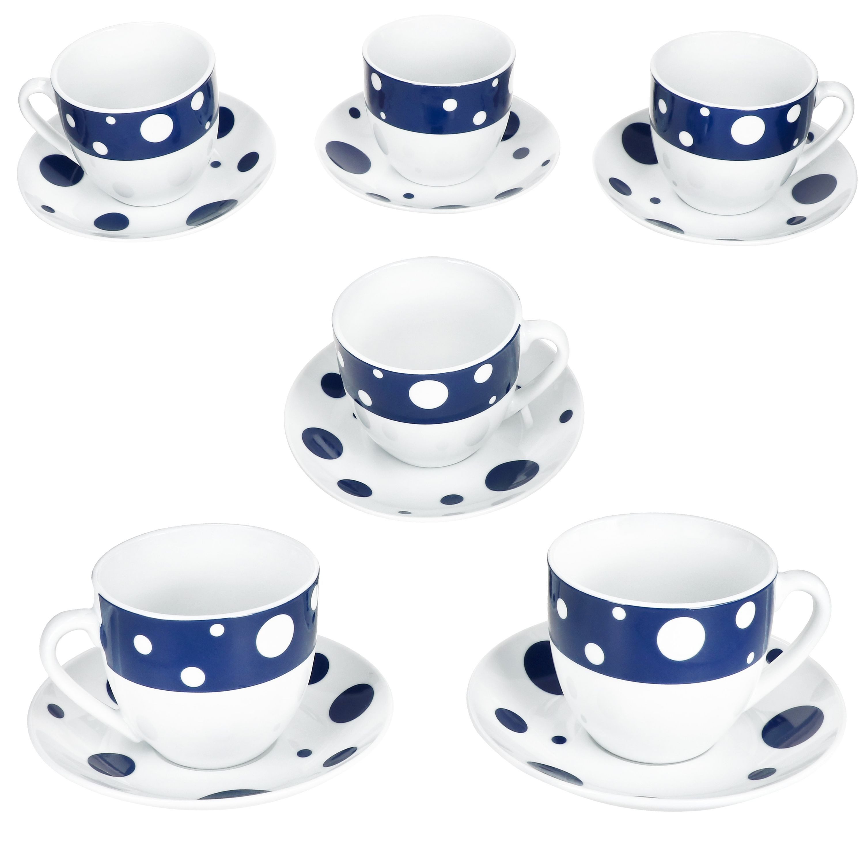 Tasse Pula blau Kaffeetassen mit Untertassen für 6 Personen Punkte Tee