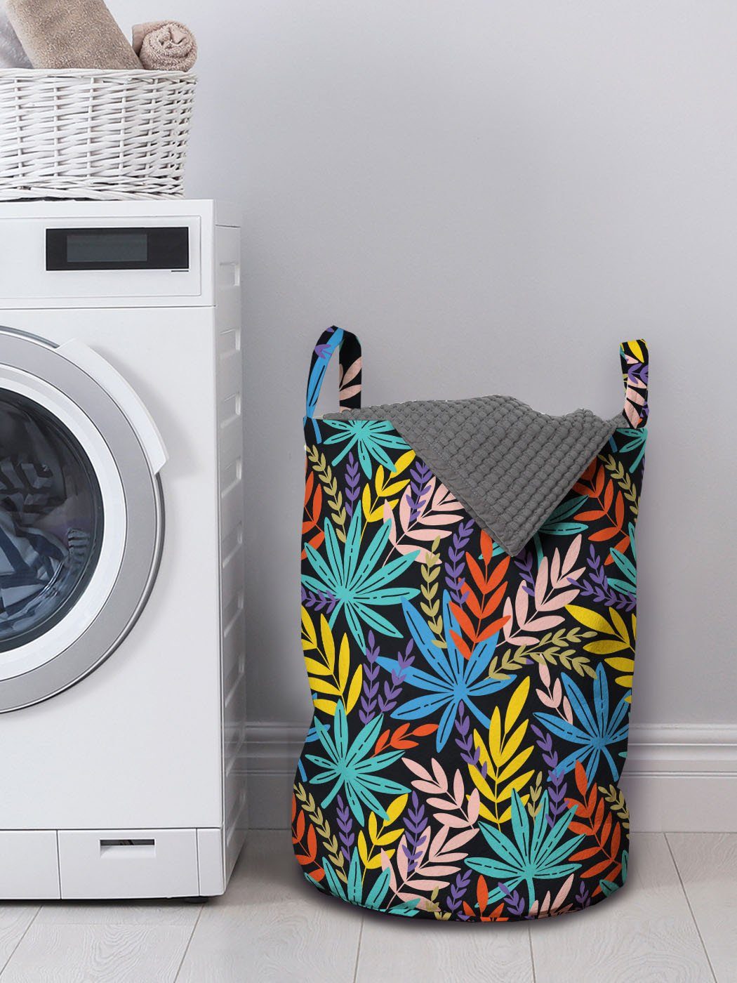 Creative-Spread-Layout-Art mit für Waschsalons, Kordelzugverschluss Wäschesäckchen Blätter Wäschekorb Abakuhaus Griffen