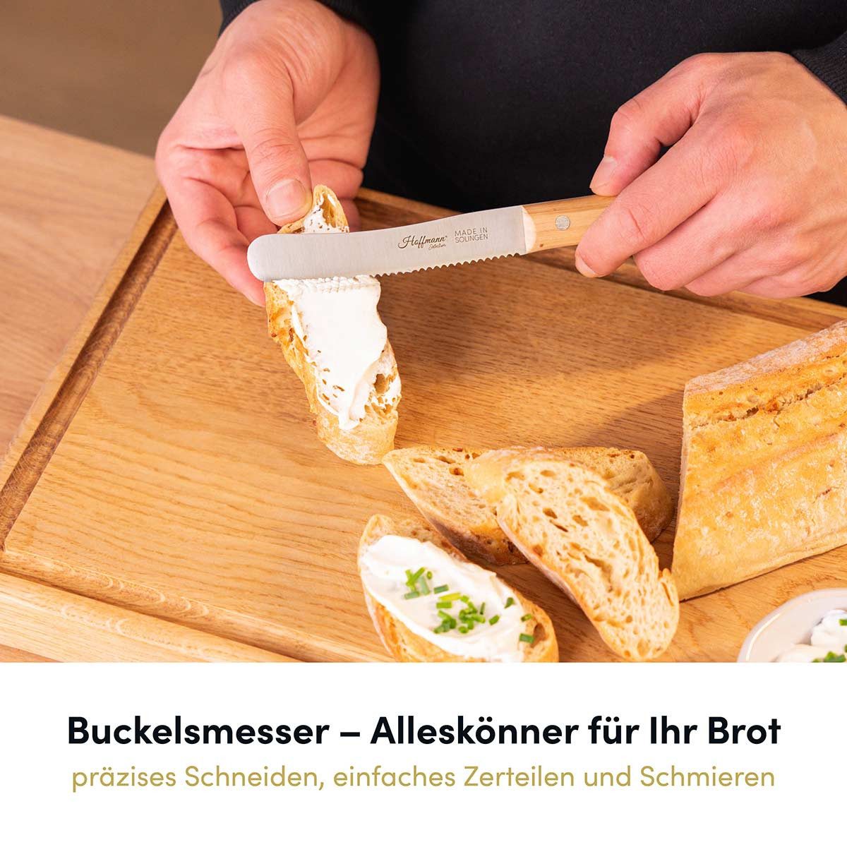Hoffmann Germany Brotzeitmesser Buckelsmesser Solingen 11 cm Buchenholzgriff – Wellenschliff (1 Stück), Wellenschliff, Buchenholzgriff, Frühstück & Brotzeit
