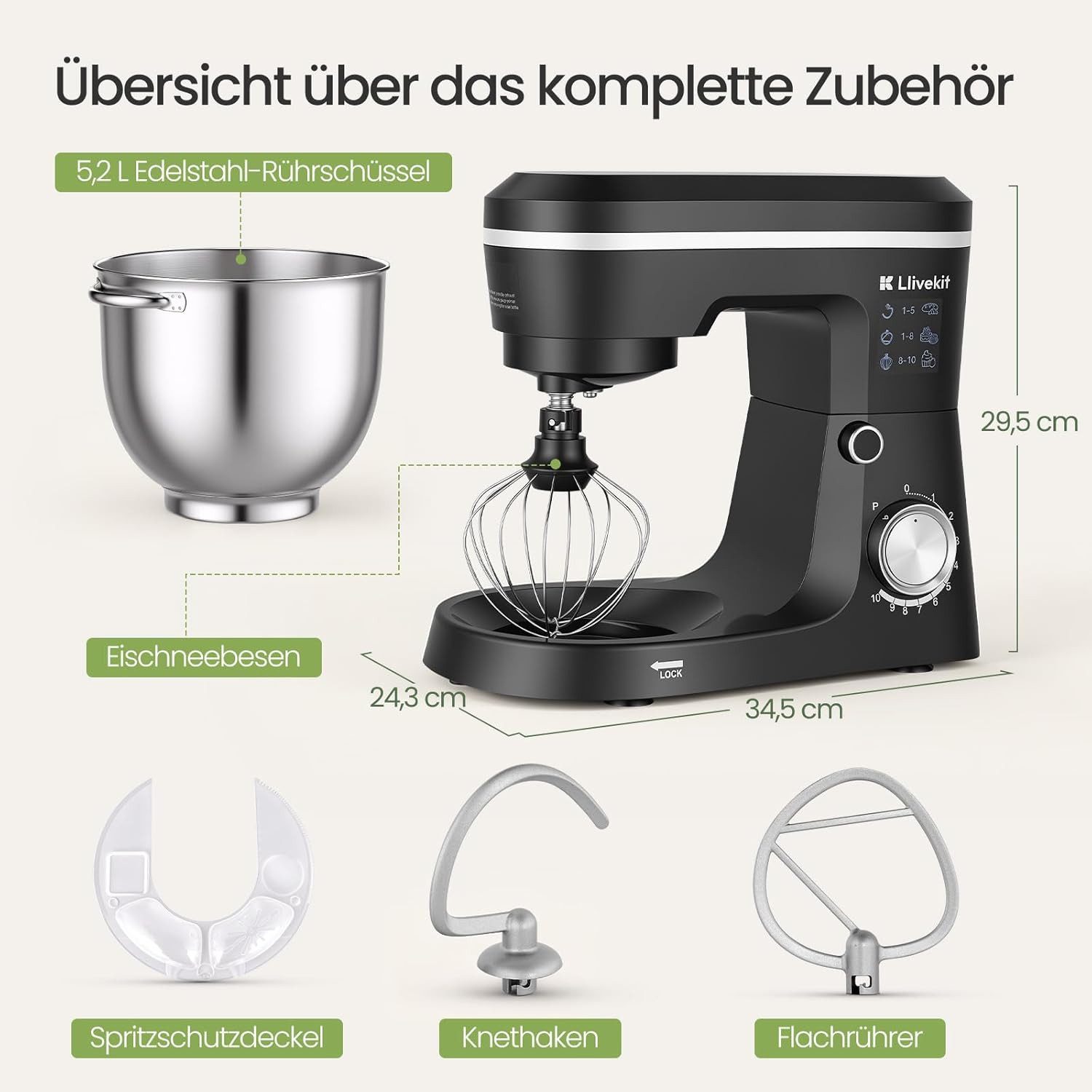 LLIVEKIT Küchenmaschine, 1500 W, 5,2 l Schüssel, mit 10 Geschwindigkeiten