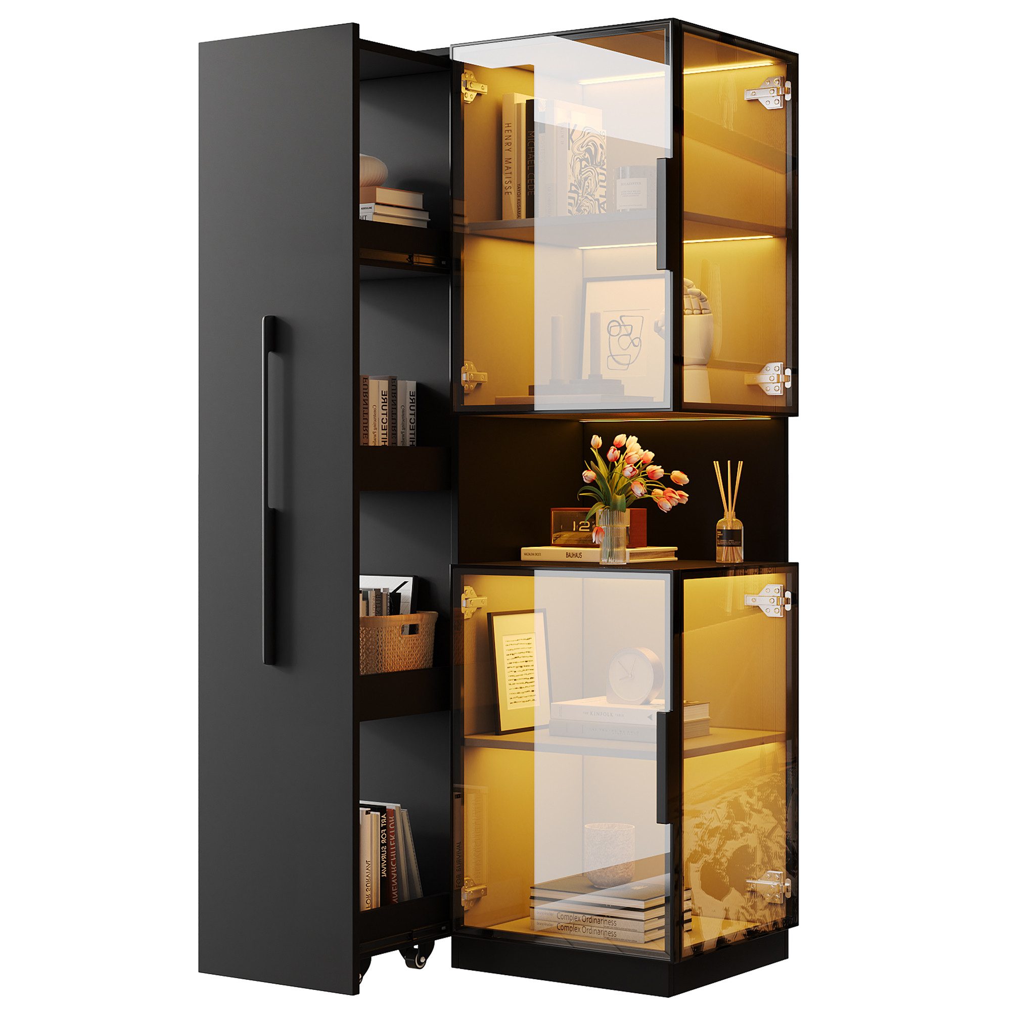 MODFU Vitrine Doppelglas-Hochschrank mit farbwechselnder LED (Vitrinenschrank, 1-St., Schwarze, 70×38×160 cm, für Wohnzimmer & Küche) Ausziehregal, Walnuss-Optik, elegantes Design