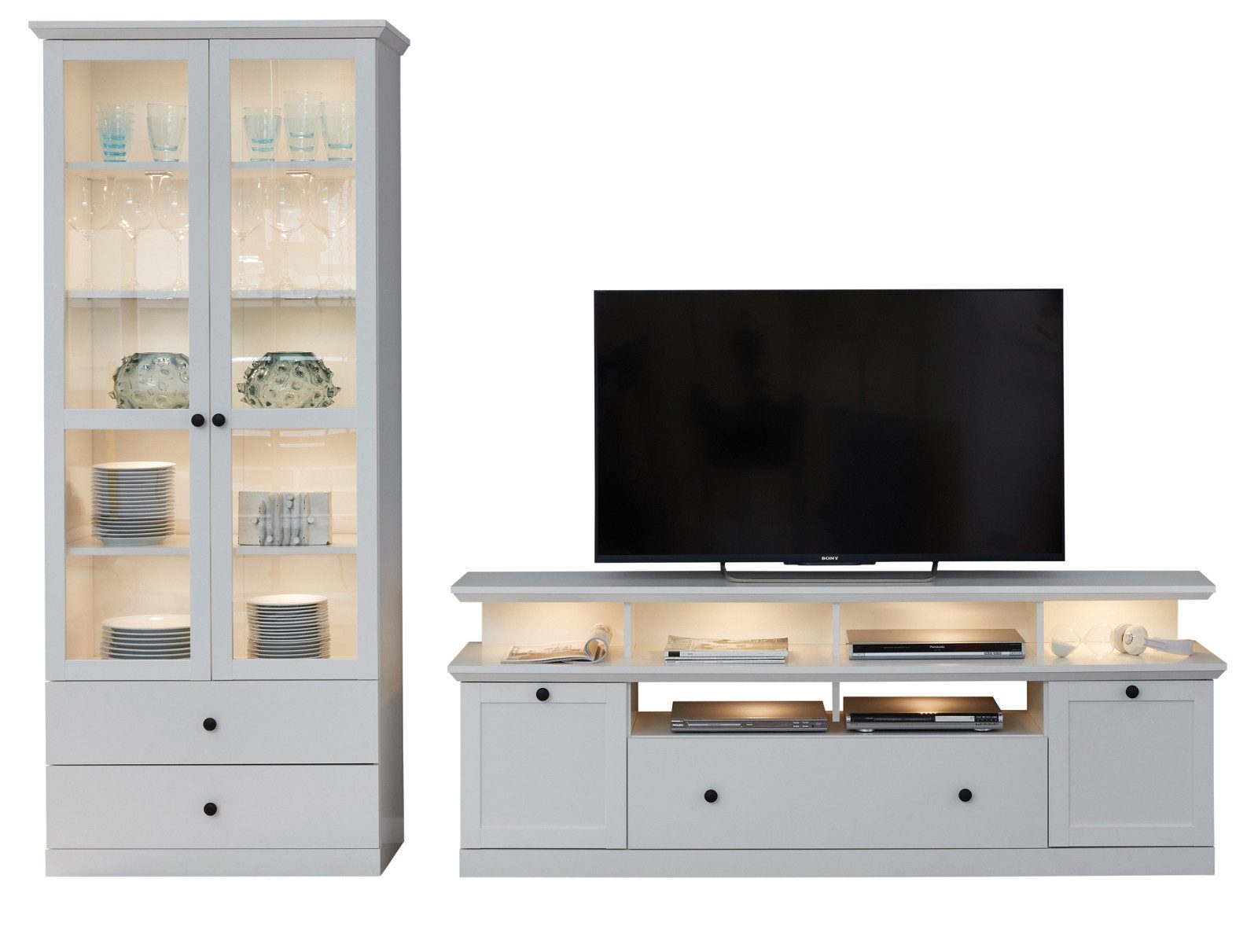 trendteam Wohnwand Baxter, (Wohnzimmer Set in weiß Landhaus, 3-teilig, 270 x 196 cm), mit großem TV Lowboard
