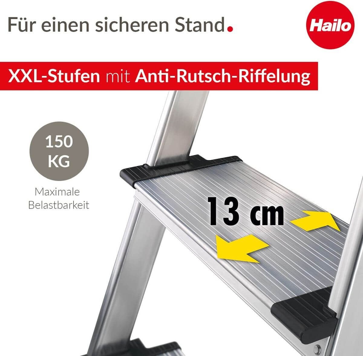 Hailo Trittleiter L75 JUBILÄUM-SICHERHEITSLEITER COMFORTLINE, ALU-HAUSHALTSLEITER MIT 5, Multifunktionsablage, XXL-Stufen, Clip-System, rutschsichere Füße
