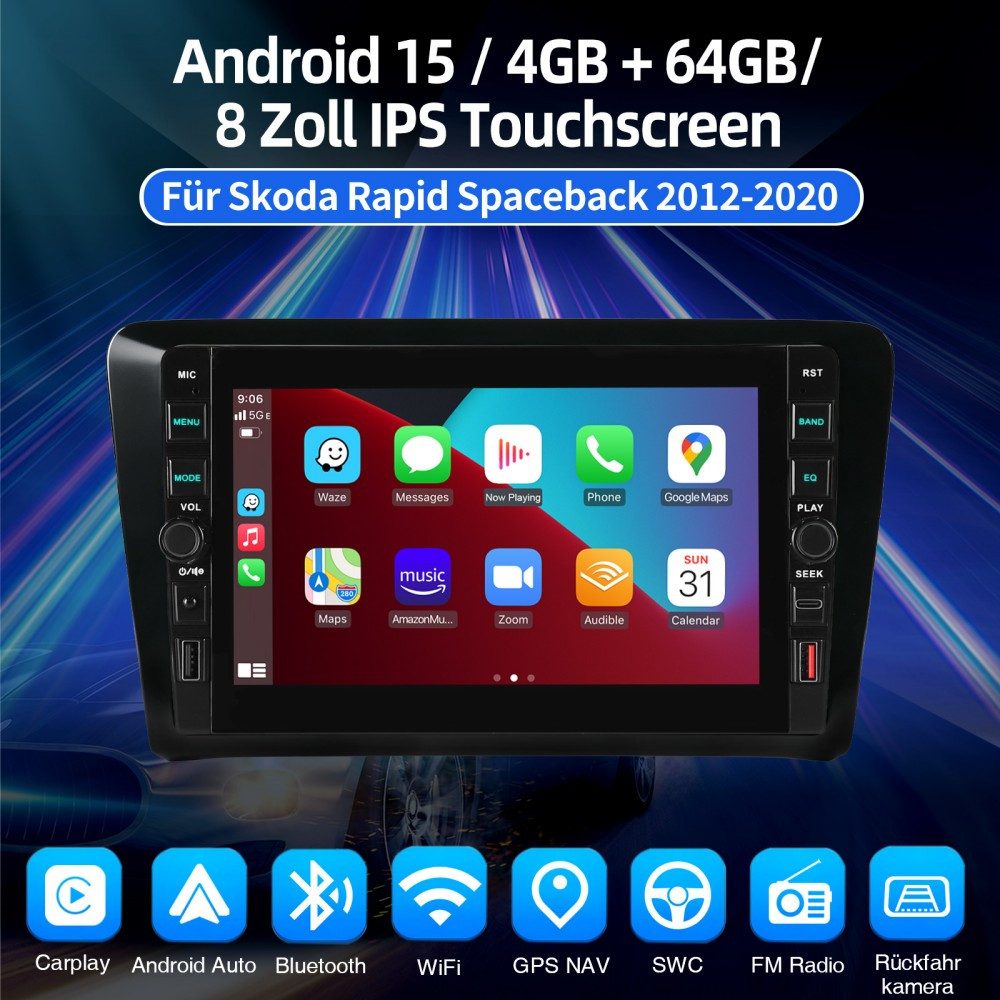 ESSGOO Für Skoda Rapid Spaceback 2012-2020 Android 15 CarPlay USB Autoradio (RDS, Digitalradio (DAB), FM, AM, Apple Carplay Android Auto GPS Navi WIFI BT)