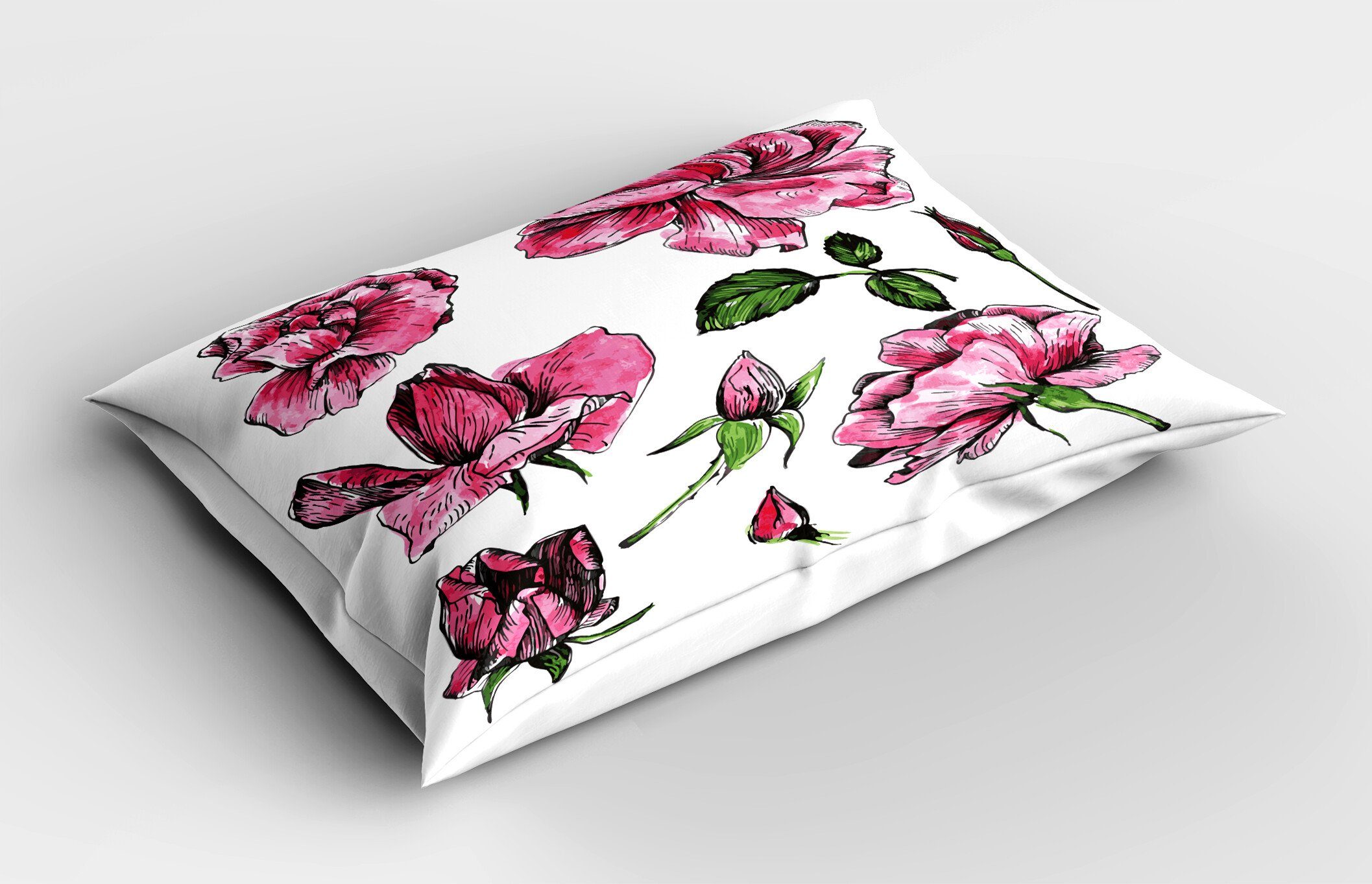 Size Abakuhaus Gedruckter rosa-Grün Kissenbezüge Standard (1 Garten-Blumen-Rosen-Knospen Stück), Dekorativer Kopfkissenbezug,