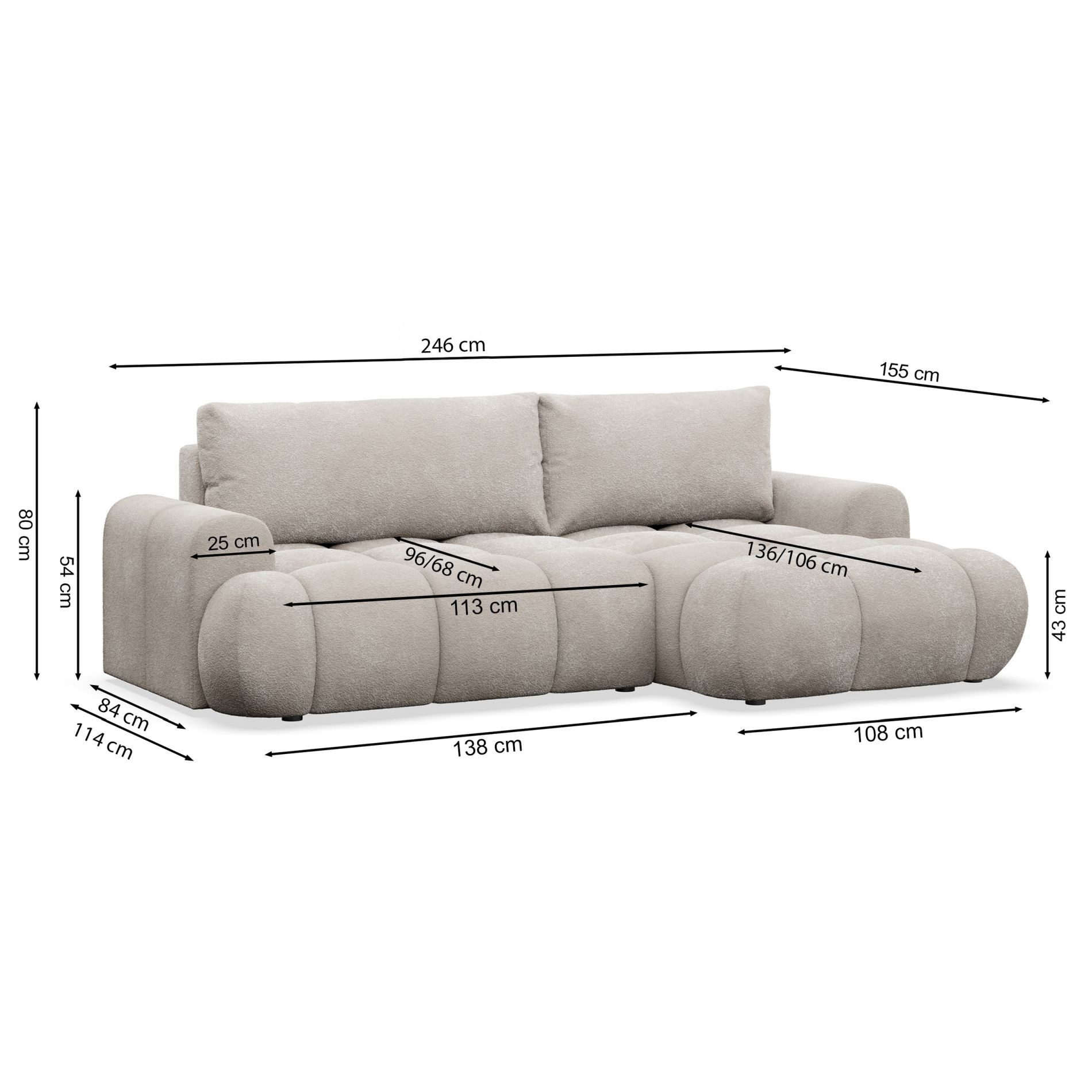 Selsey Ecksofa OMBO MINI, Ecksofa mit Schlaffunktion & Bettkasten, Bouclé, 246 cm
