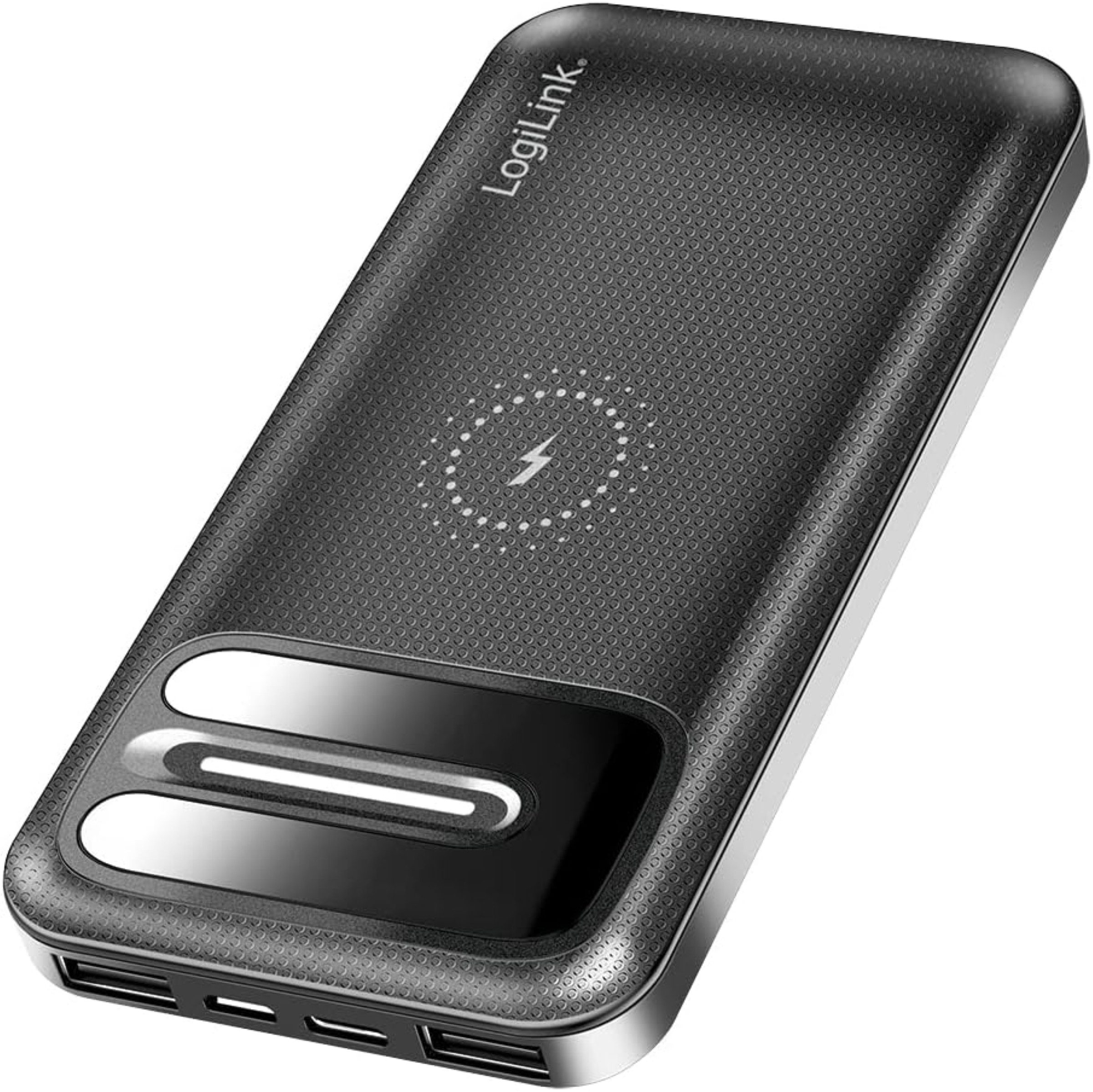 LogiLink Powerbank 8000mAh Qi USB C kabellos LED Ladeanzeige schwarz Powerbank Powerbank mit Qi Ladefunktion 8000 mAh (5 V), Qi Laden USB C LED Anzeige 3 Geräte gleichzeitig kompakt schwarz