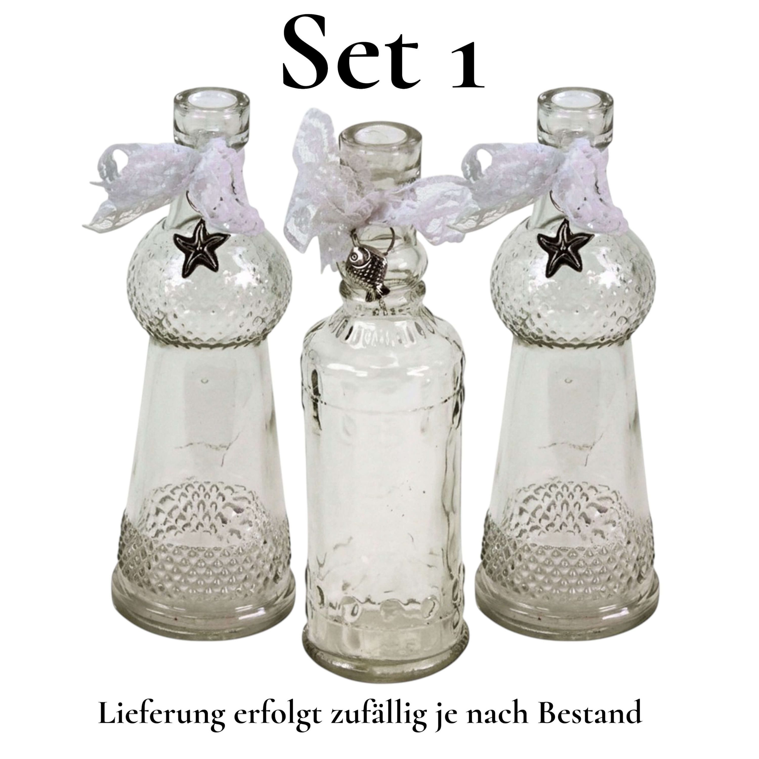 Werner Voß Kugelvase 3er Satz Glas Flaschen Vasen maritim H=17 cm silber Anhänger Deko (3er Set)