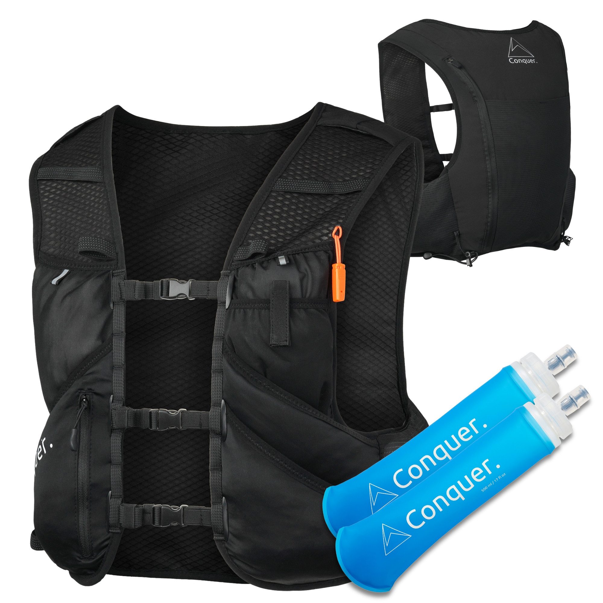 Conquer. Trinkrucksack Laufweste 5L Damen & Herren, ultraleicht – für Trailrunning & Wandern, Flaschenhalterungen vorne, Stockhalterung, Reißverschlussfach