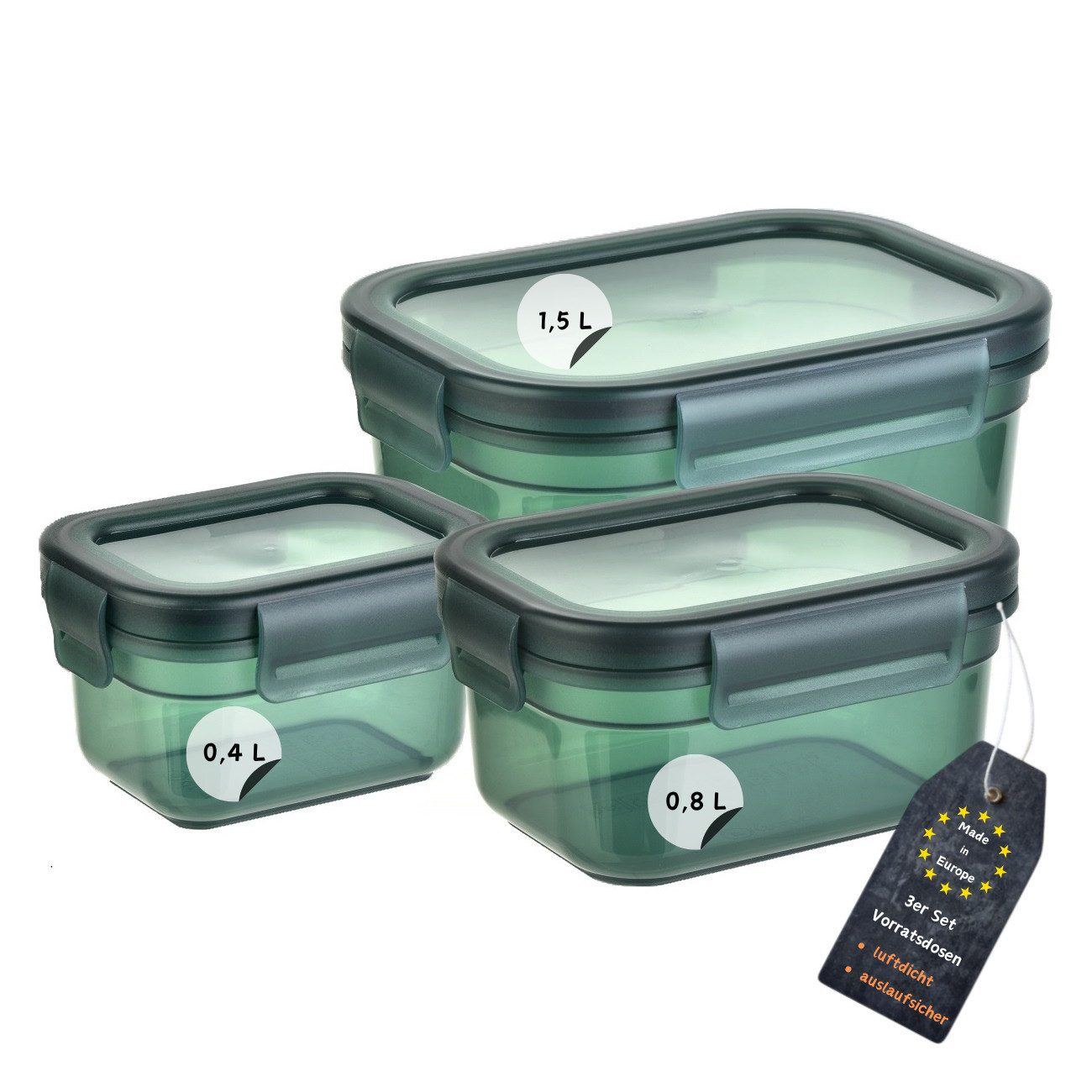 Engelland Frischhaltedose 3er Set Aufbewahrungsdosen mit Deckel, Vorratsdose, Frischhaltedose, Kunststoff/Silikon, (Vorteils-Set, 3-tlg., 0,4 L / 0,8 L / 1,5 L), luftdicht, auslaufsicher, stapelbar, BPA-frei, verschiedene Größen