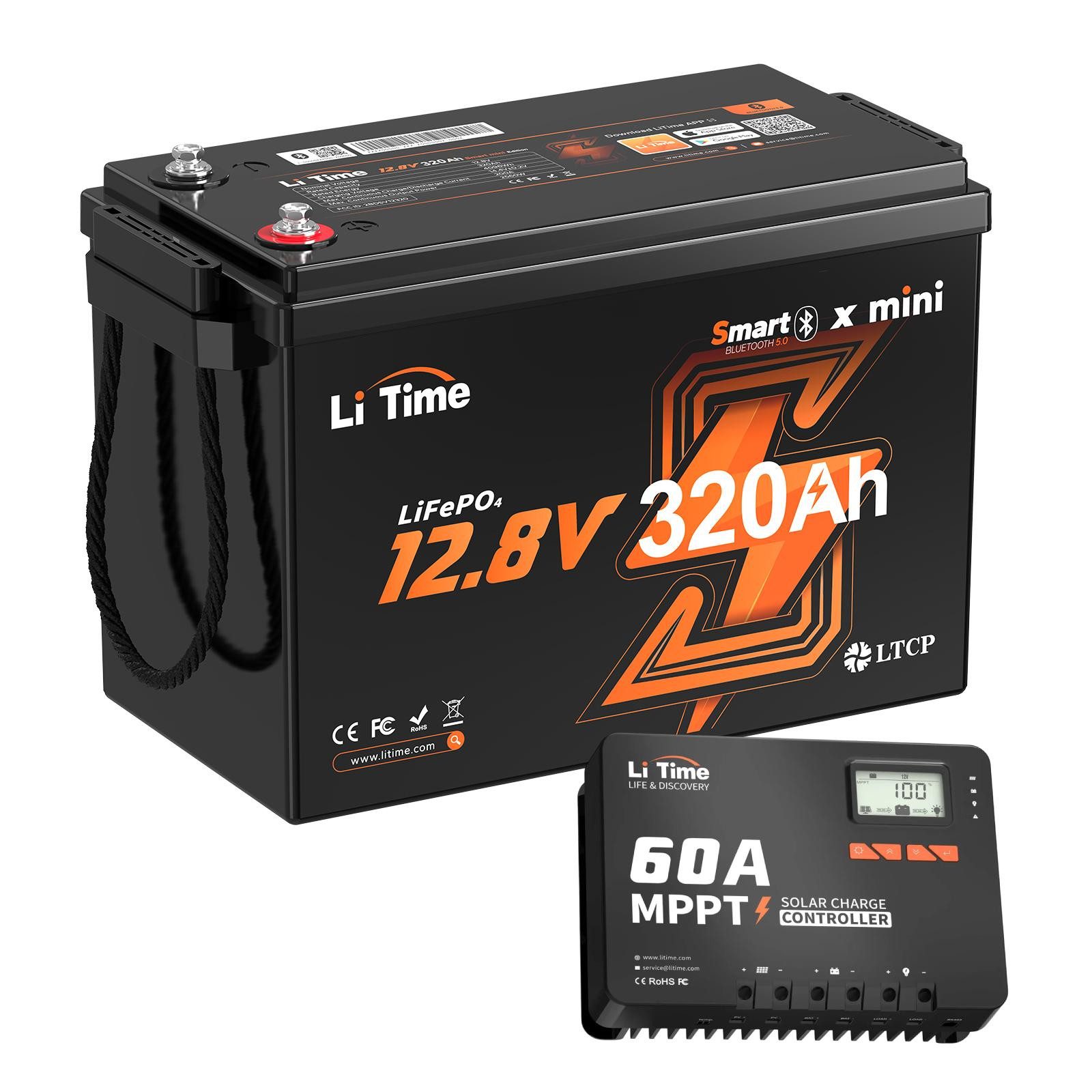 LiTime 12V 320Ah LiFePO4 Batterie W190 mit Bluetooth 4096Wh Solarakkus (12 V), Wiederaufladbar, PV Stromspeicher für Wohnmobile, Inselanlage, Boote