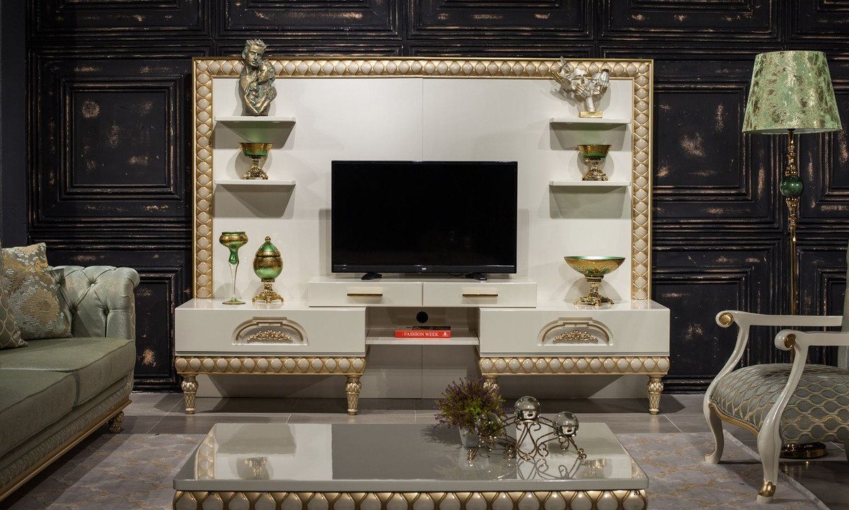 Wohnzimmer Wohnzimmer - Rückwand Sideboard mit / Weiß Luxus TV Möbel Prunkvolles Barock TV-Schrank Casa Schrank Barock Gold Padrino -