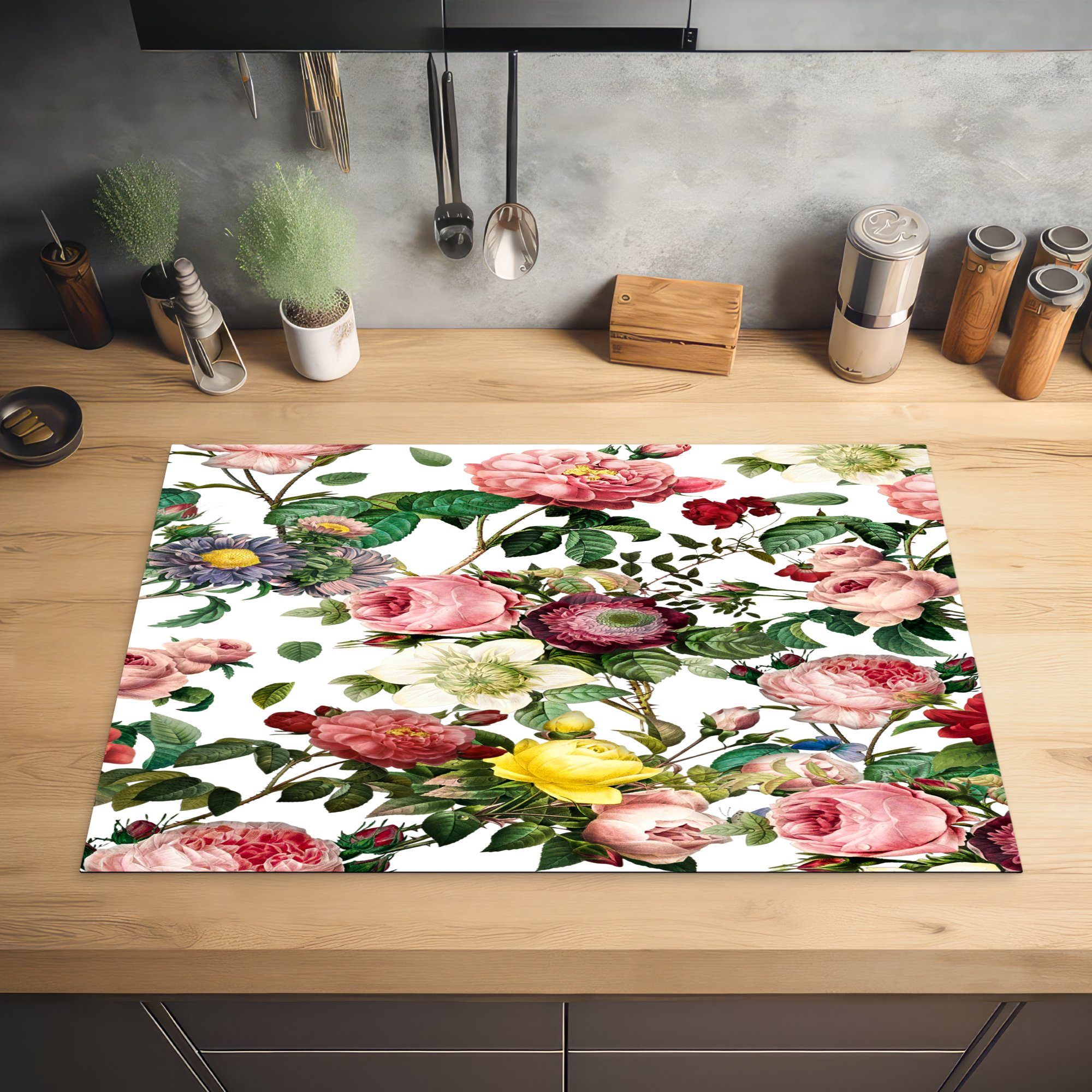 tlg), die küche, cm, Ceranfeldabdeckung Blumen Induktionskochfeld für Rose Schutz 81x52 MuchoWow Herdblende-/Abdeckplatte - - (1 Weiß, Vinyl,