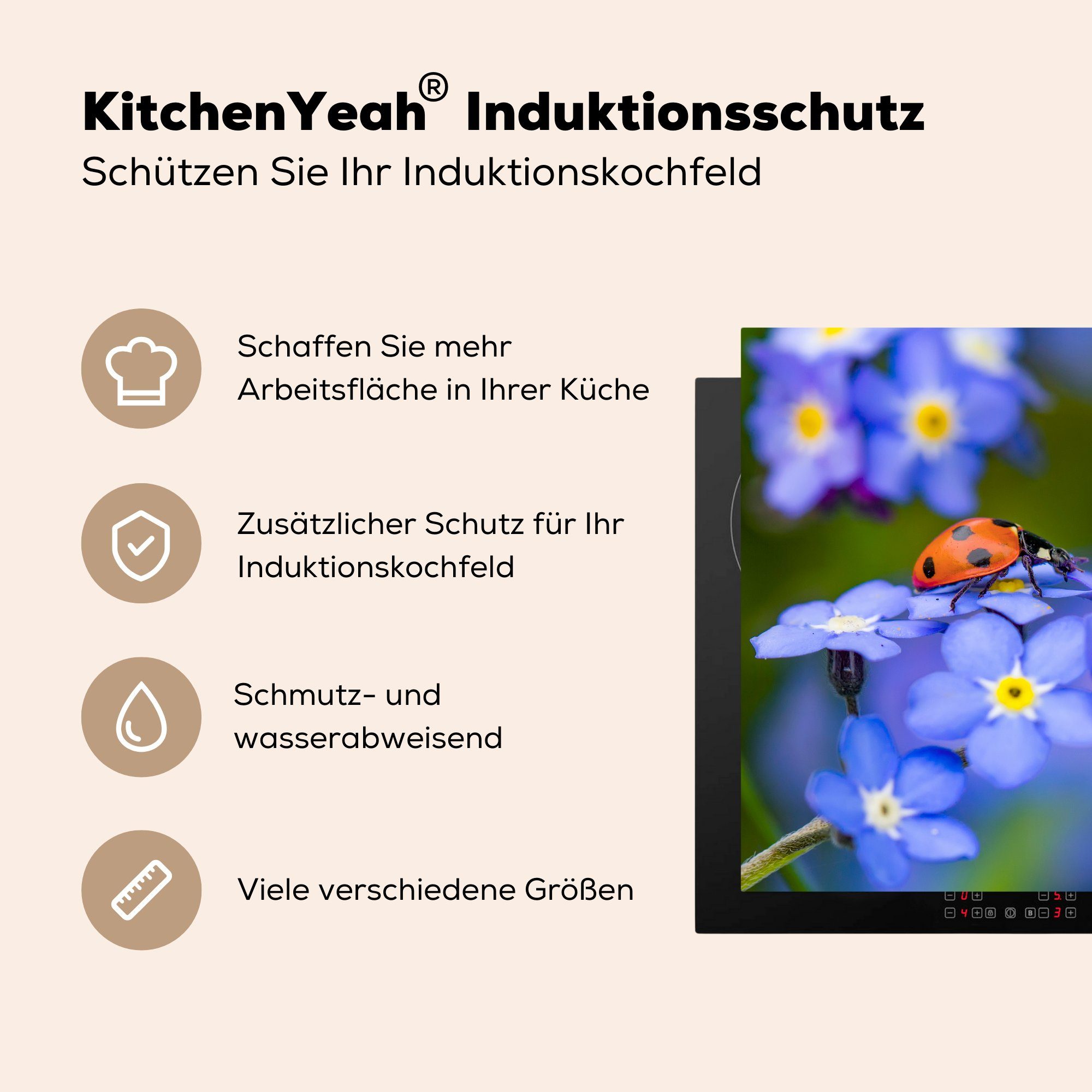 MuchoWow Herdblende-/Abdeckplatte Marienkäfer auf einer für lila Arbeitsplatte Ceranfeldabdeckung, cm, tlg), küche (1 78x78 Vinyl, Blume
