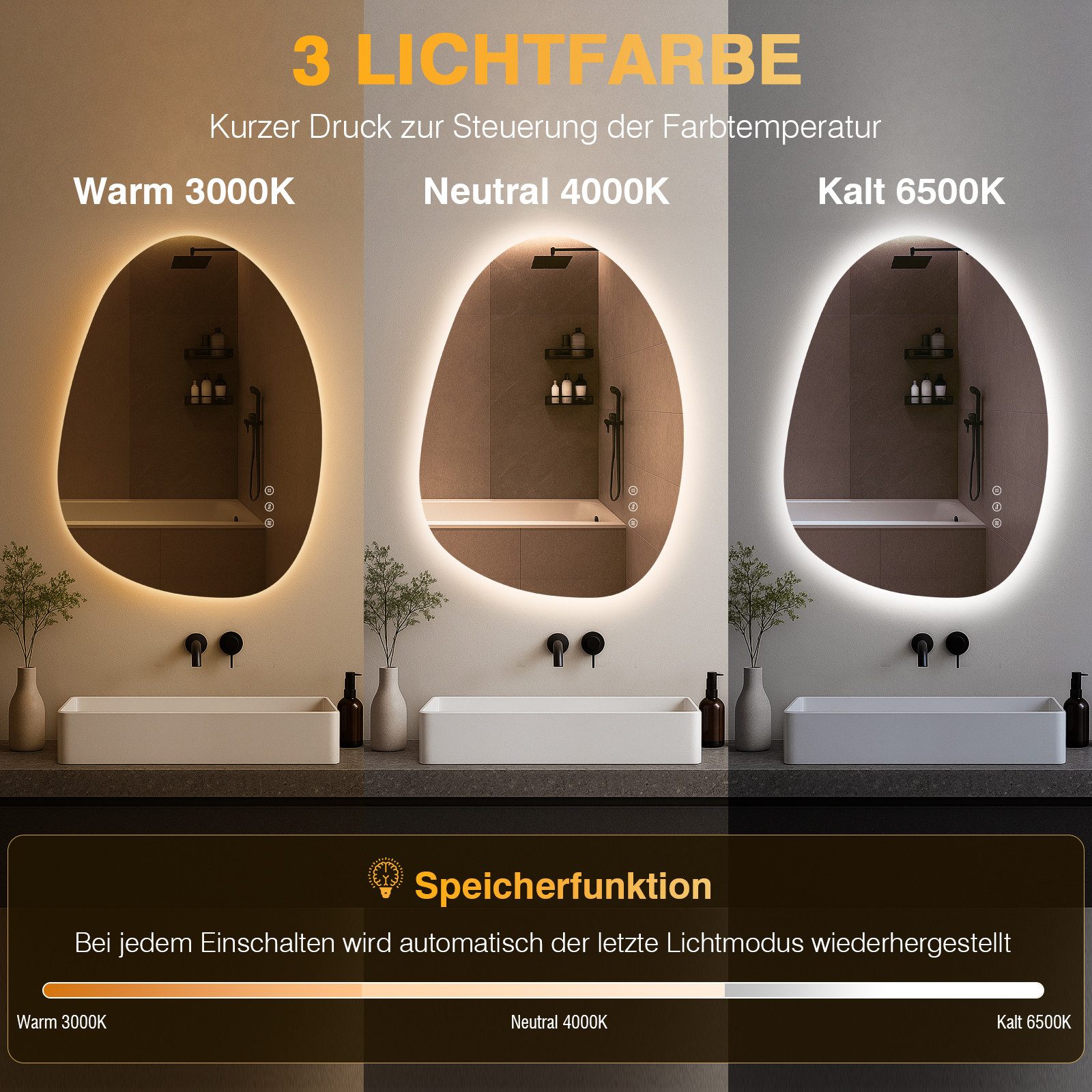 PESENXAN Badspiegel LED Badezimmerspiegel, Asymmetrischer LED-Spiegel, mit Memory-Funktion (1-St), 3 Lichtfarbe, Beschlagfrei, Dimmbar, 75x55cm