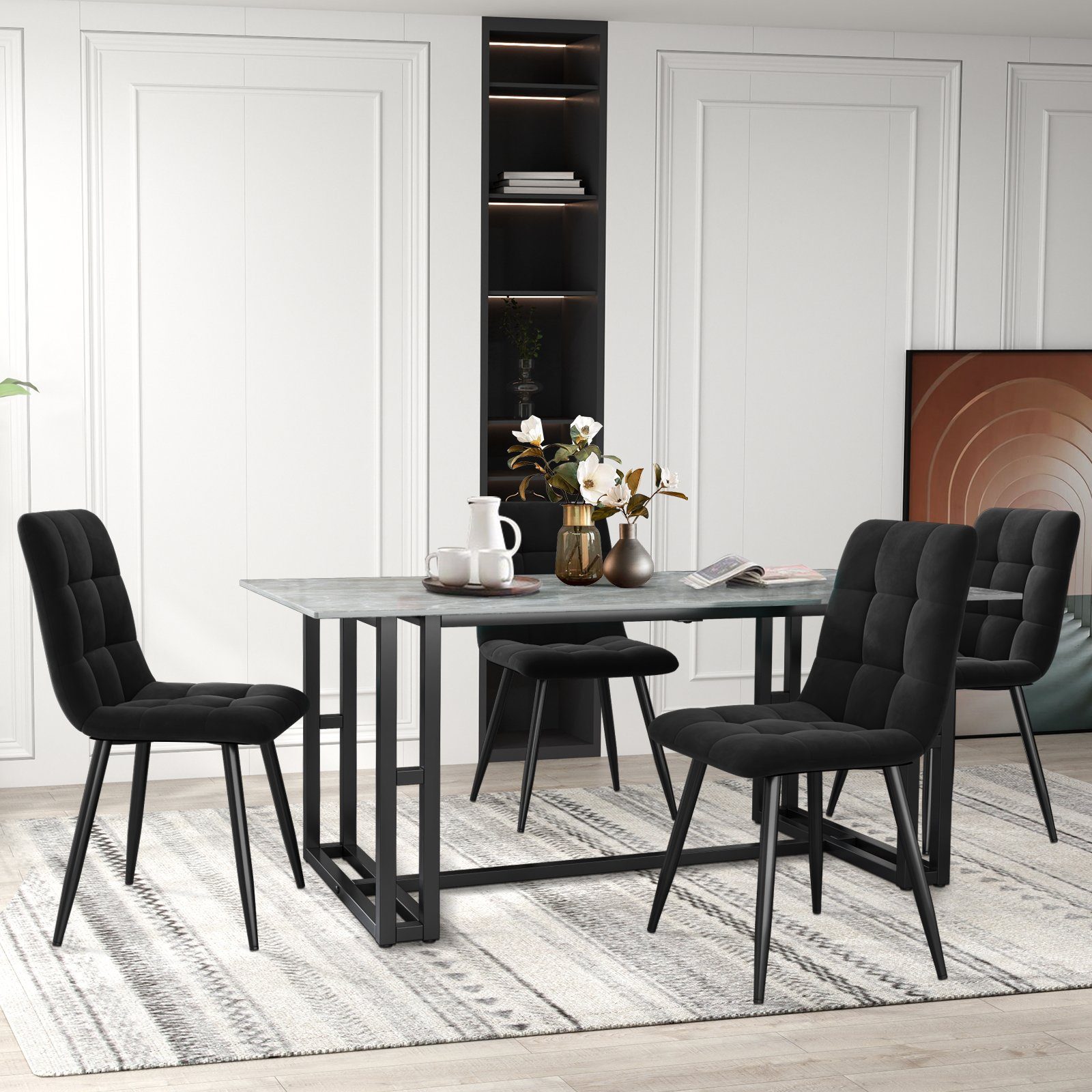 SEEZSSA Küchenstuhl Esszimmerstuhl(4 St),Polsterstuhl aus Samt Gestell für Esszimmer, Design Loungesessel Stuhl mit Rückenlehne,Sitzfläche aus Metall Schwarz