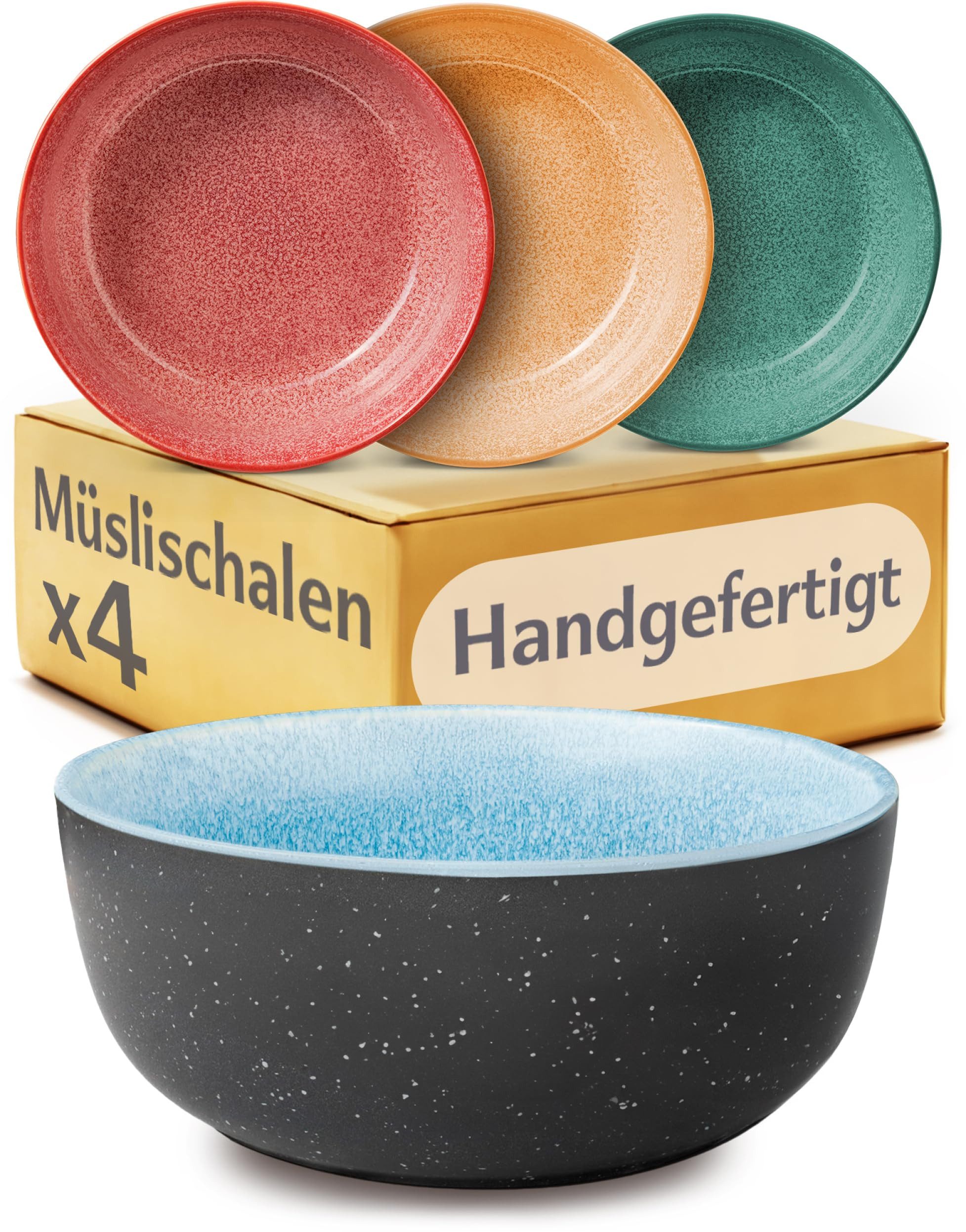 Cosumy Müslischale Steingut Geschirr Set 4 Personen – Handgefertigtes Tafelservice, Steingut, (Einzelartikel, 4-tlg), Handglasiert- Mikrowellenfest - Spülmaschinenfest – Design Geschirr