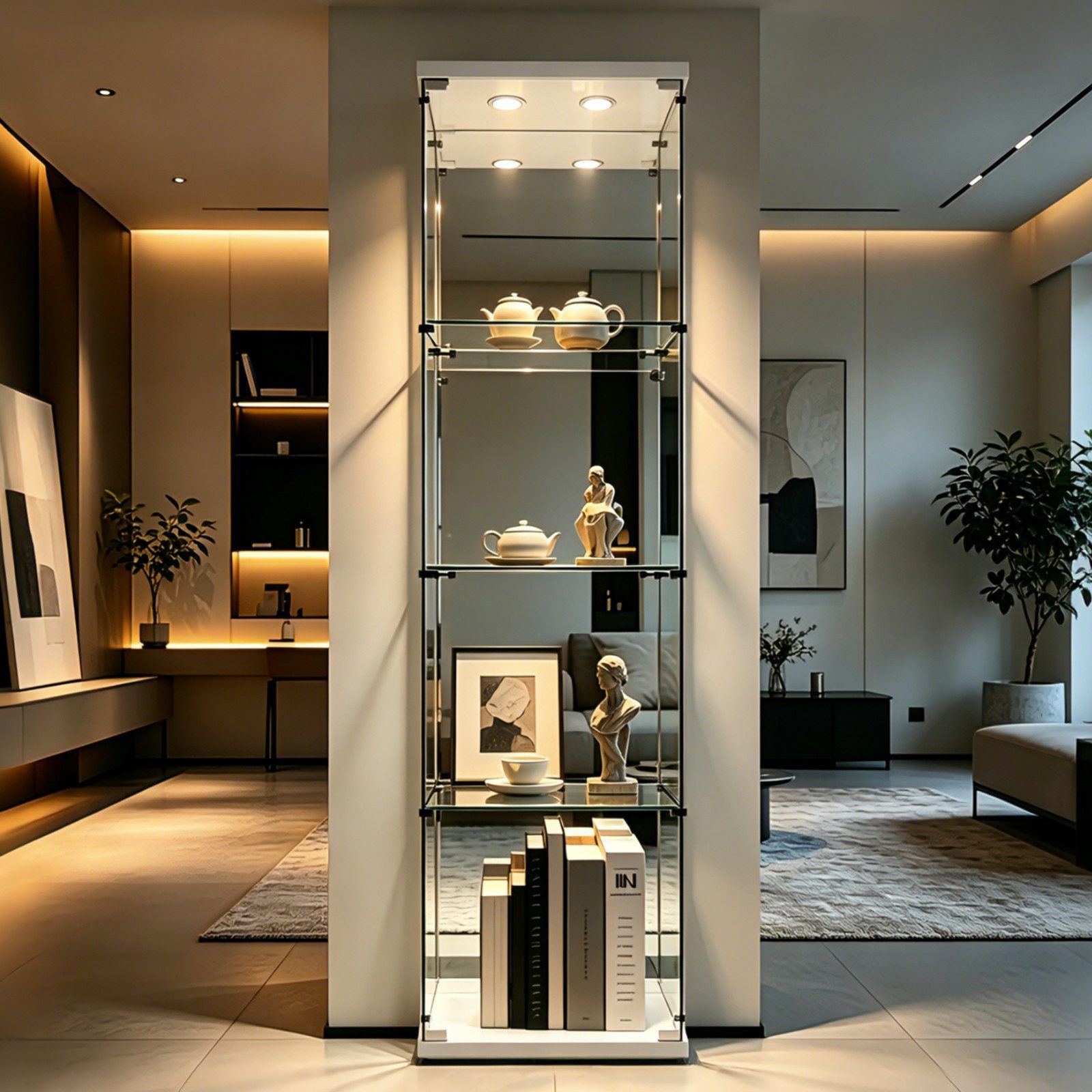 Simurq Glasvitrine mit LED Beleuchtung Standvitrine mit Glastür,Eckvitrine Glas (1-2 Packungen, Vitrinenschrank mit 1 türen,Schloss) Glas vitrine aus Gehärtetes Glas,Sammlervitrine Stehend