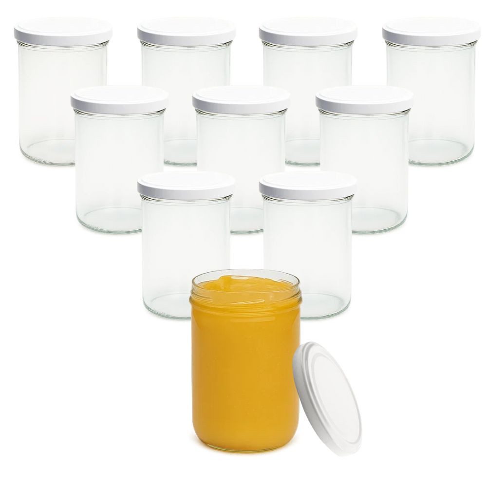 mikken Einmachglas 10x Einmachglas 435 ml mit Deckel und Beschriftungsetiketten, (10er Set mit Etiketten), verschiedene Deckelfarben
