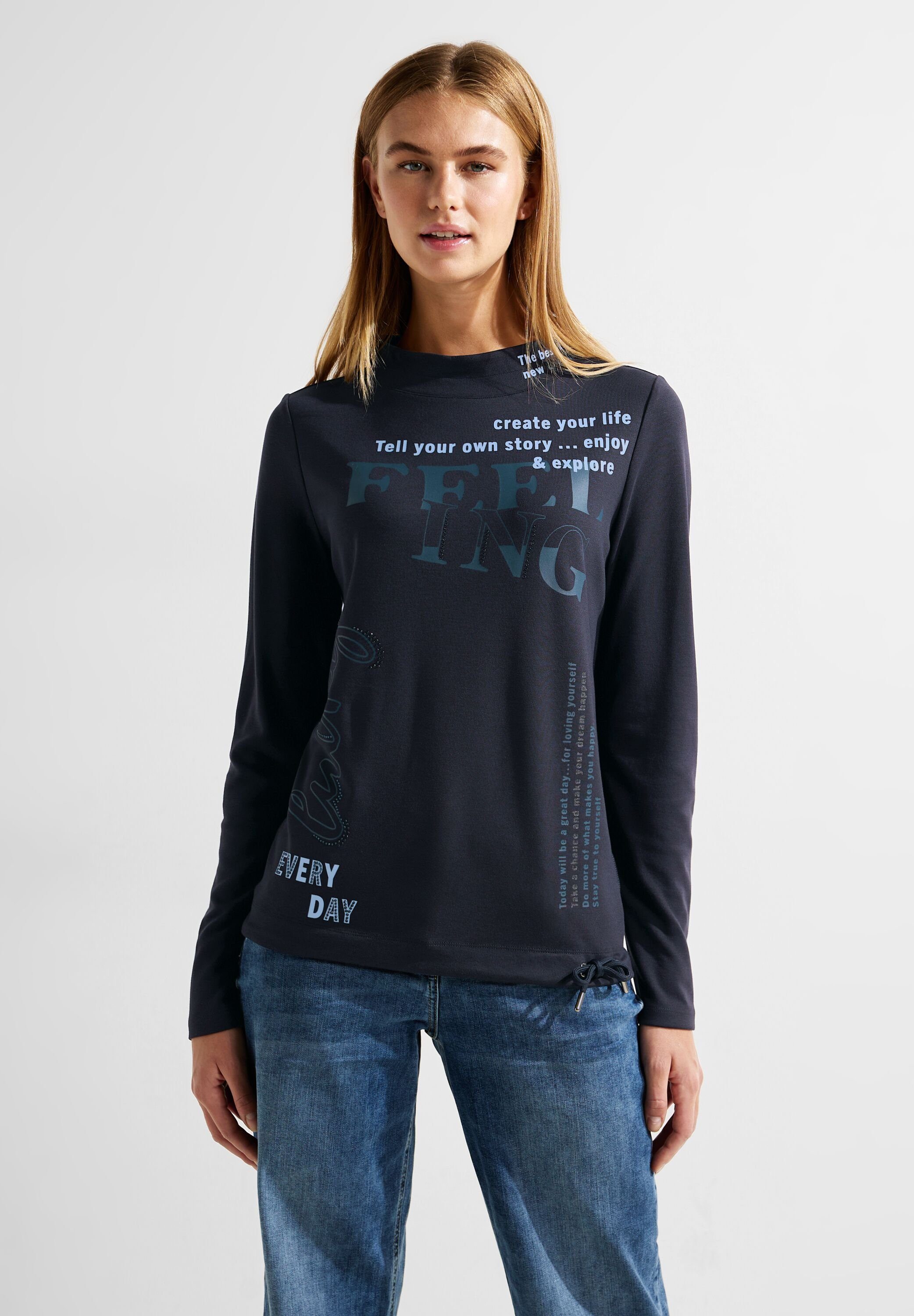 Cecil Langarmshirt Langarmshirt mit Wording Stehkragen, Wording mit  Ziersteinchen, Tunnelzug im Bund