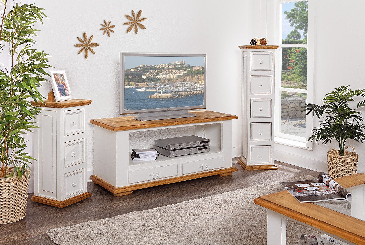 1a Direktimport TV-Board TV-Tisch Fernsehbank MEXICO Weiß - Pinie Massivholz - Landhausmöbel