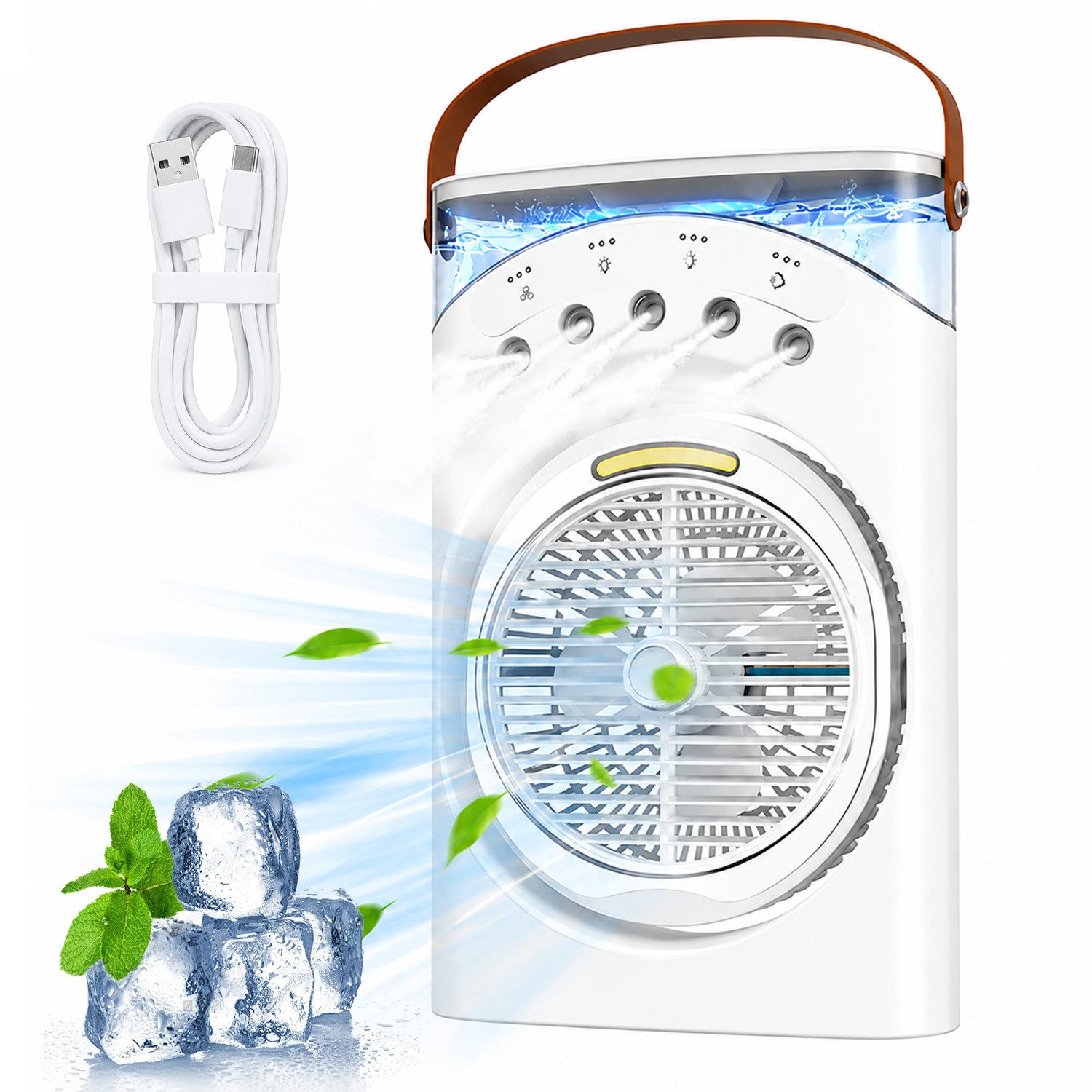 MOPUEA Mini USB-Ventilator 4in1 Luftkühler USB Ventilator Sprühnebel LED 3 Stufen, Sprühnebel 3 Stufen LED Licht USB kompakt