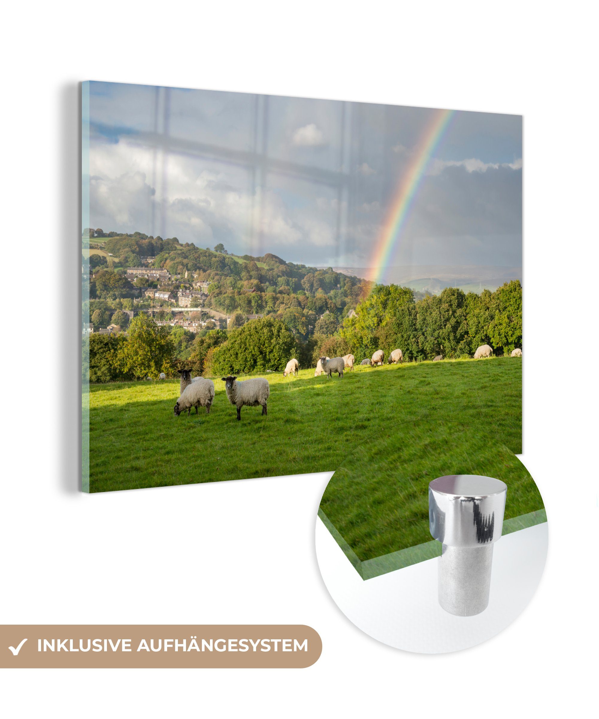 MuchoWow Acrylglasbild Die Schafe auf einer Wiese neben einem Regenbogen, (1 St), Acrylglasbilder Wohnzimmer & Schlafzimmer