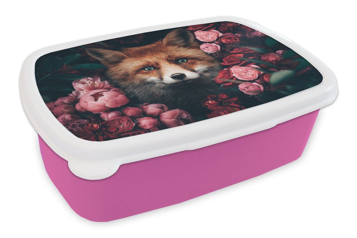 Lunchbox Kinder, Tiere, Kunststoff, Fuchs Mädchen, - - MuchoWow für Blumen Erwachsene, (2-tlg), Snackbox, rosa Brotdose Kunststoff Brotbox