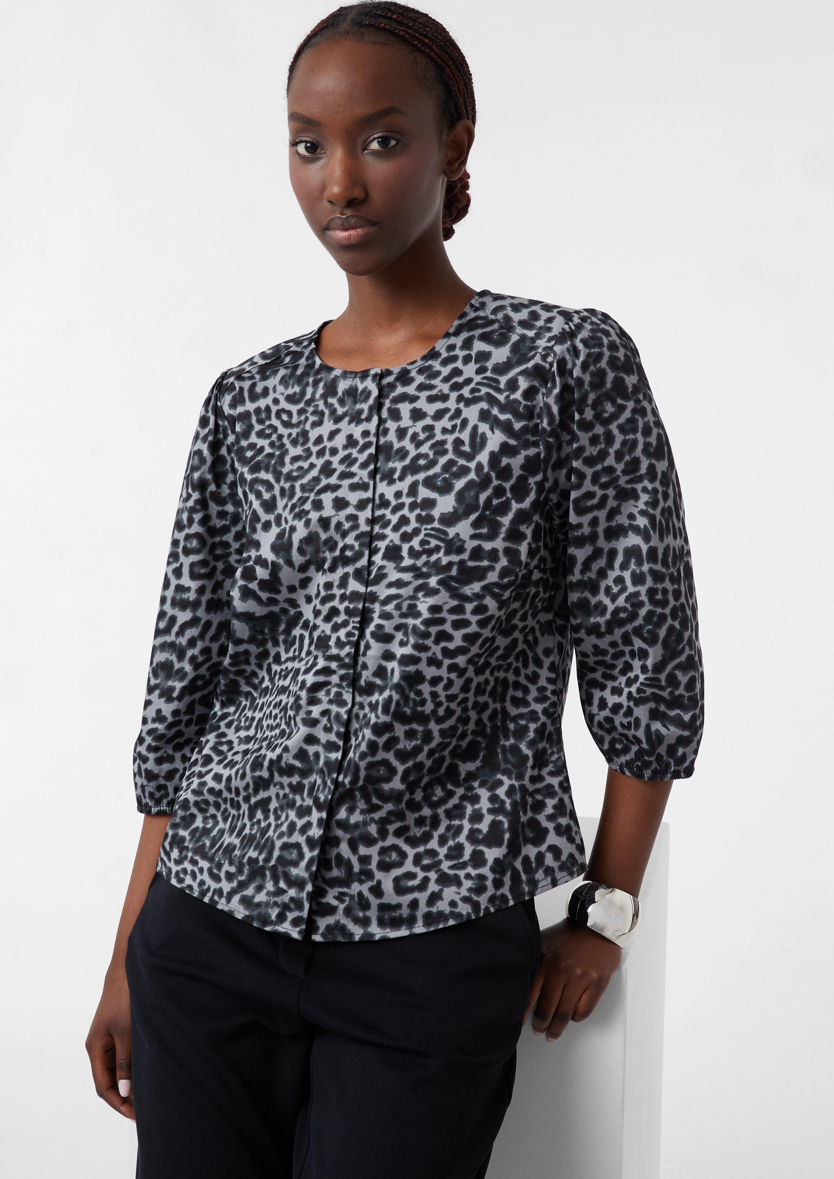3/4-Arm-Shirt Popeline-Bluse mit Puffärmeln und All-over-Leo-Print