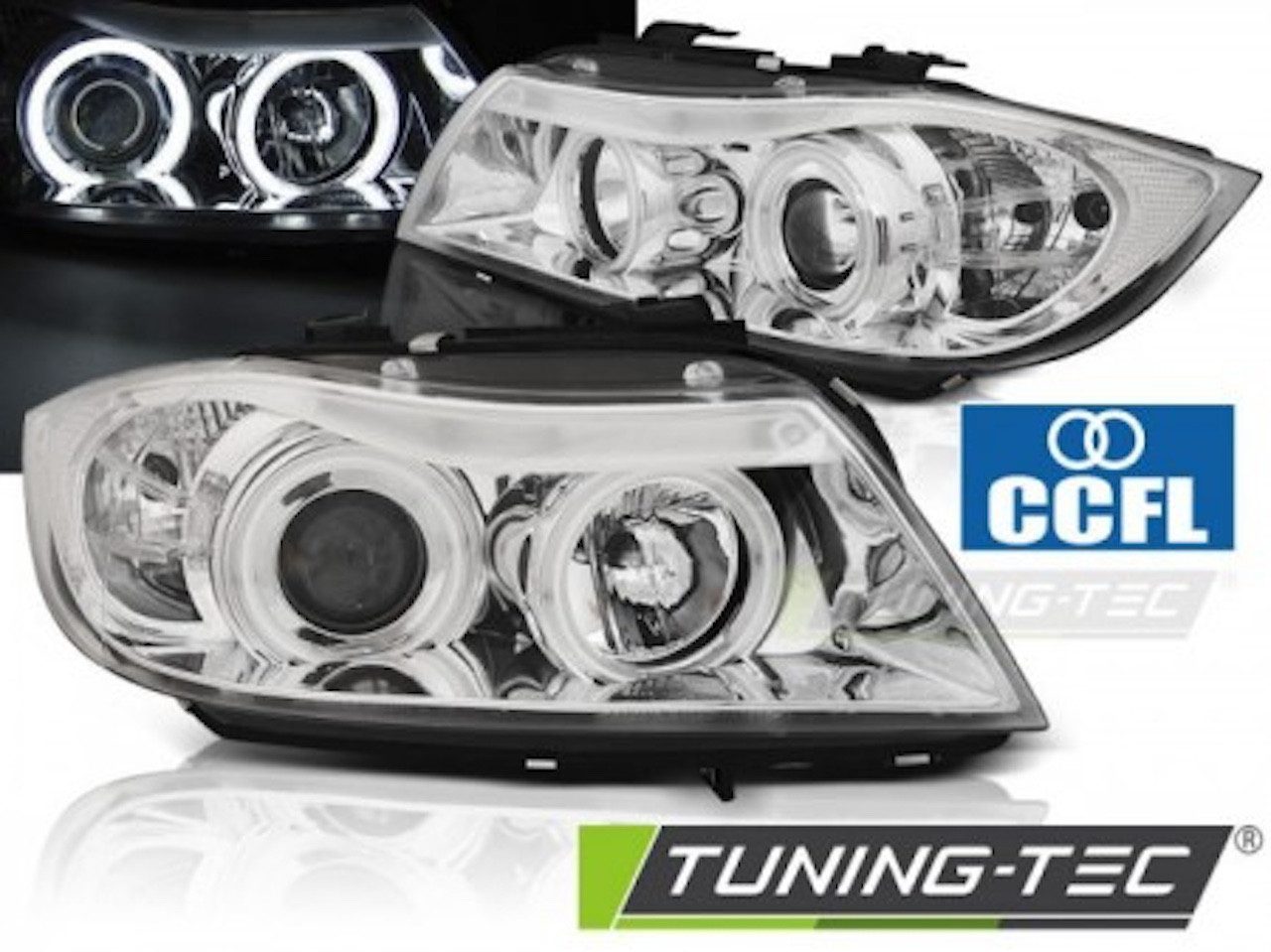 LLCTOOLS KFZ-Ersatzleuchte Angel Eyes Scheinwerfer BMW E90 E91 05–08 Chrom CCFL H7 H1