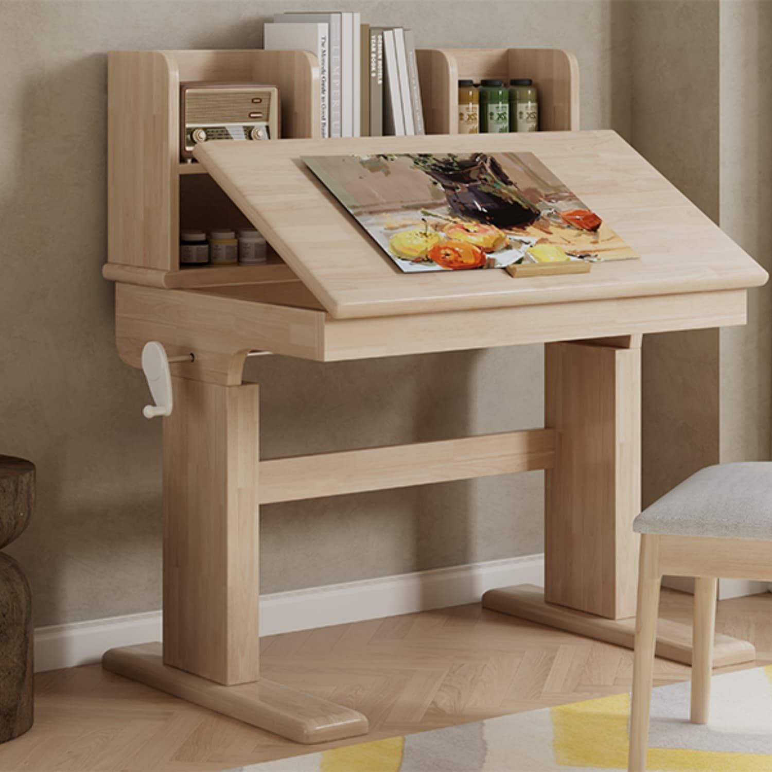 ANYSUN Kinderschreibtisch aus Massivholz Höhenverstellbarer mit Neigbare Tischplatte 0°-43° (1 Tisch mit Buchstütze,Kurbelmechanismus,Belastbar bis 50 kg,Natur), Schreibtisch mit Stauraum für Kinder ab 6 Jahren,B92/T60/H89-110.5 cm