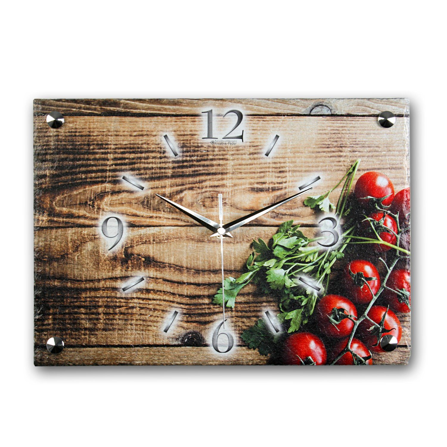 Kreative Feder Wanduhr Design-Wanduhr aus Stein (Beton) „Frische Tomaten“ (Funk- oder Quarzuhrwerk; ohne Ticken; elegant, außergewöhnlich, modern)
