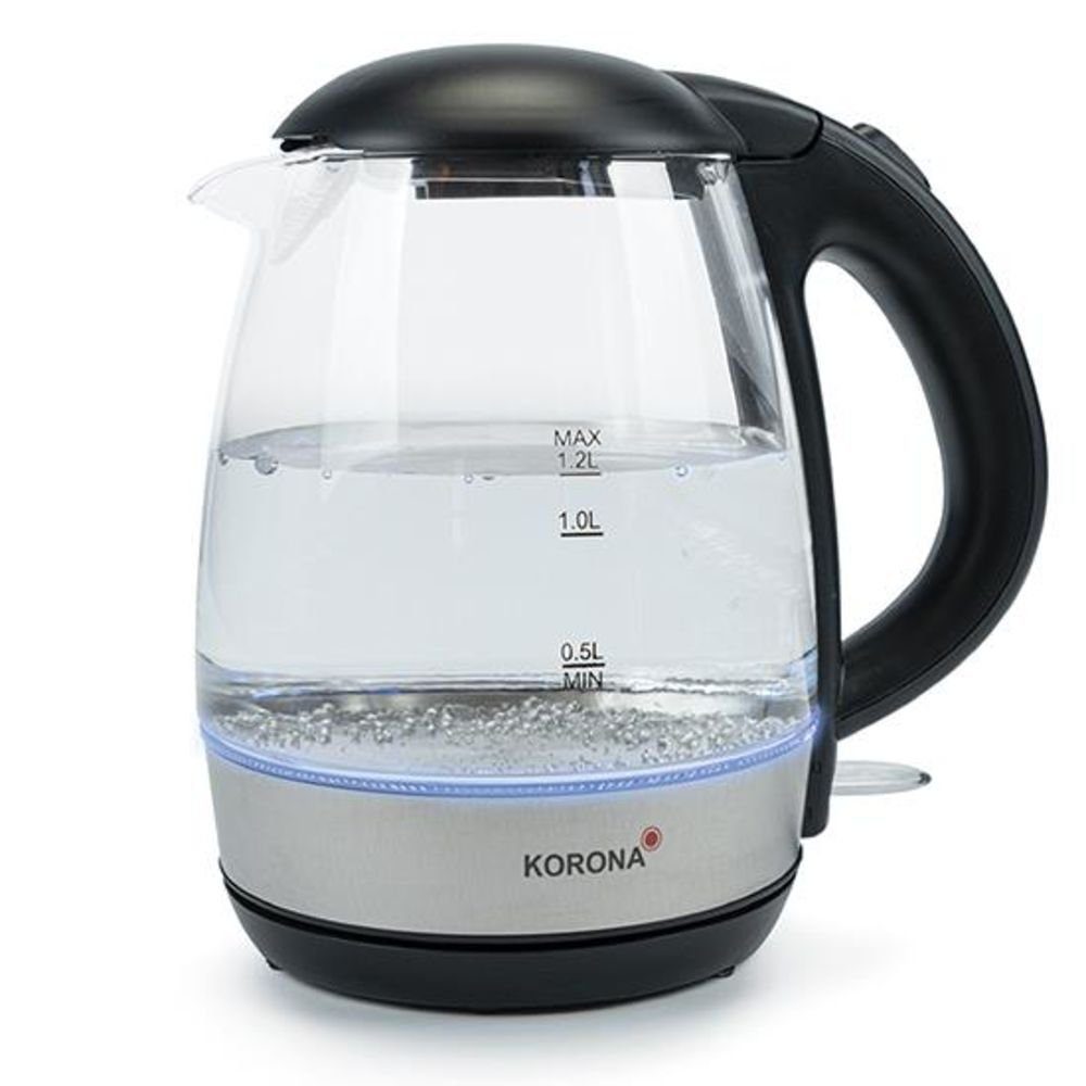 KORONA Wasserkocher 20608 Glas-Wasserkocher mit blauer LED Beleuchtung, mit Kalkfilter, 1,2 Liter Kapazität, schwarz, transparent