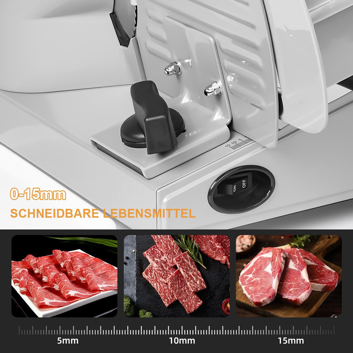 7MAGIC Allesschneider Brotschneidemaschine, Elektrischer Allesschneider Edelstahl, 200 W, Mit abnehmbarer 2 x 19 cm Klinge, 0–15 präziser Dickenknopf Schnitt