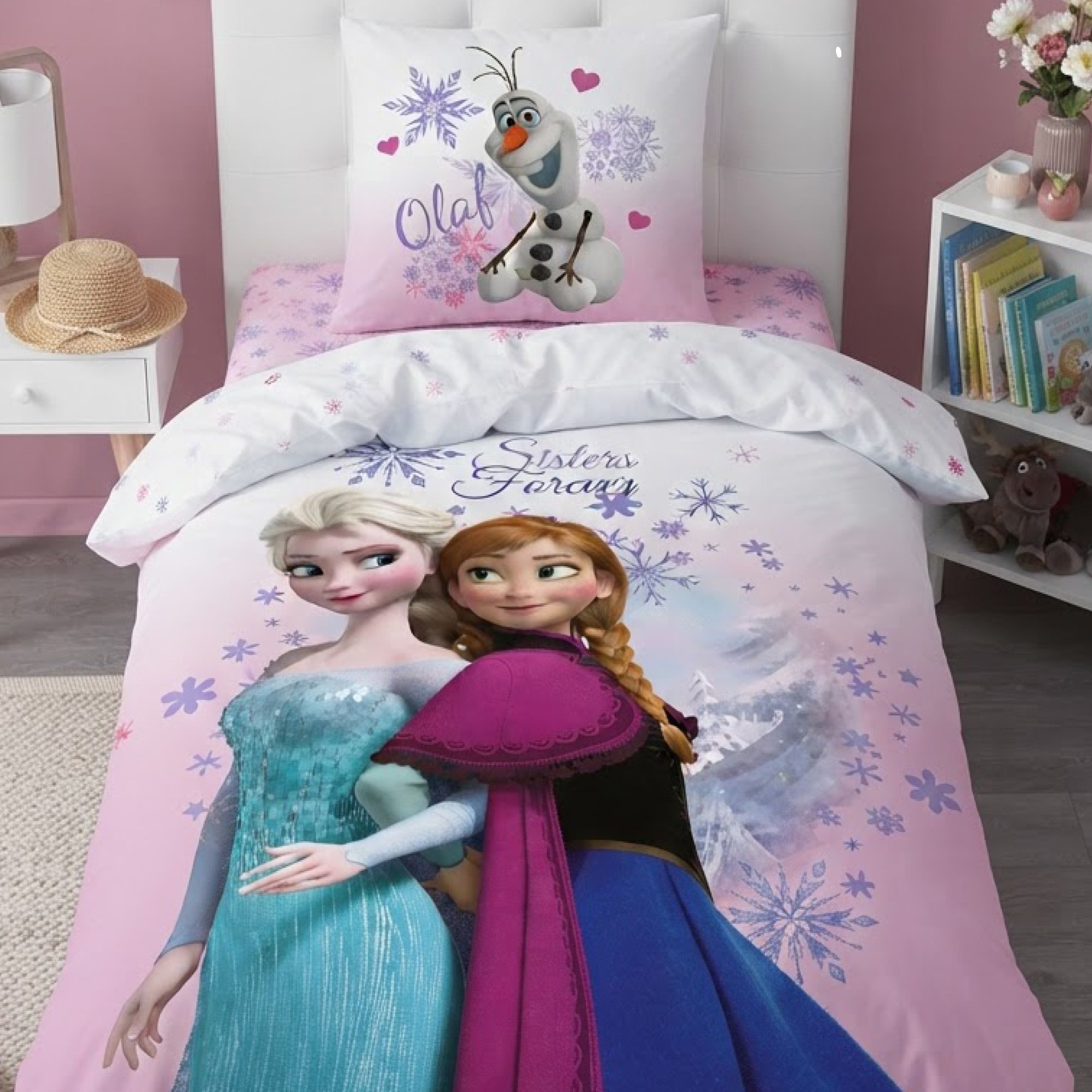 Familando Kinderbettwäsche Frozen 135x200 80x80 cm Disney Die Eiskönigin Anna & Elsa Pink, Renforcé, 2 teilig, 100% Baumwolle mit …