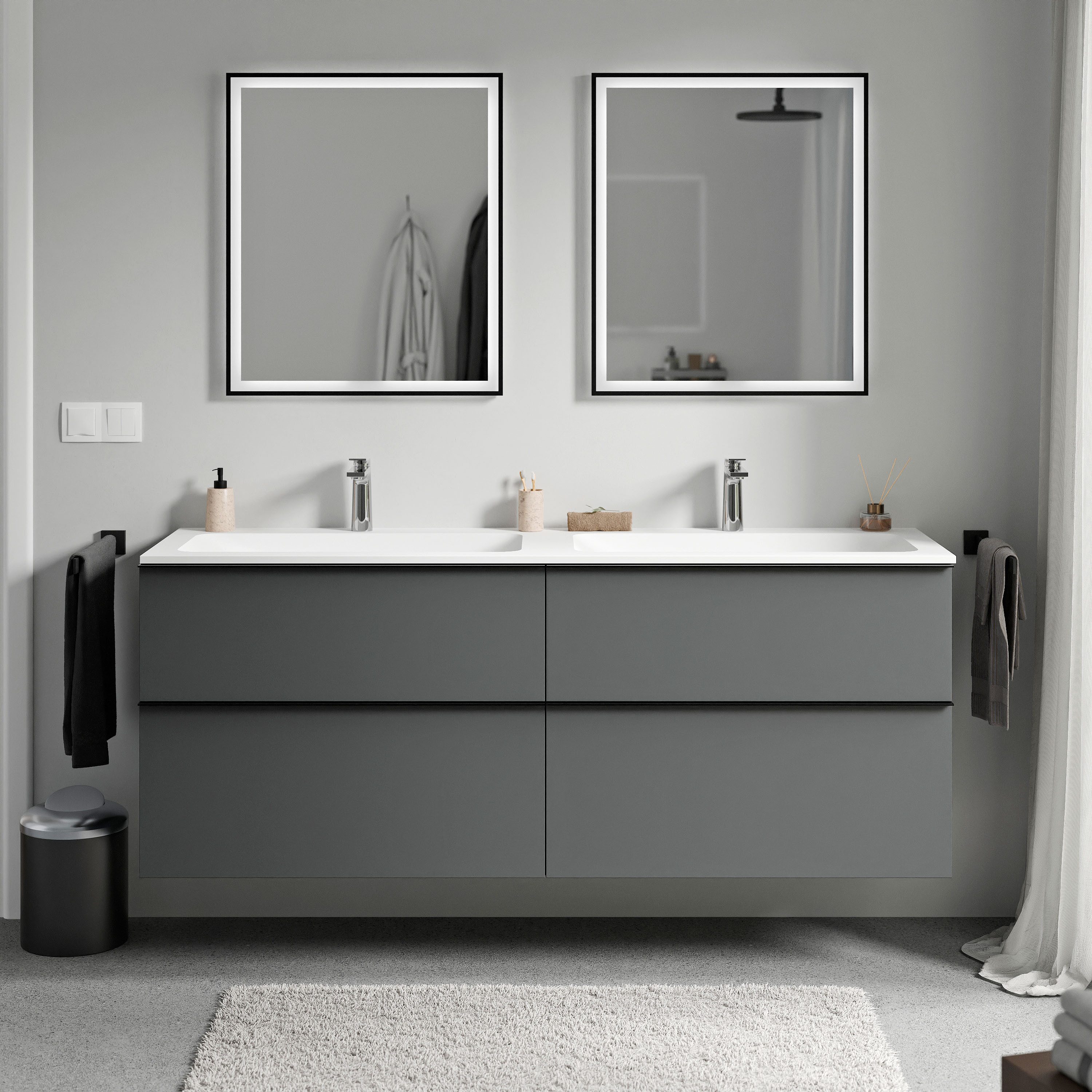 Bernstein Waschbeckenunterschrank LAVOA 160cm Anthrazit matt CREAM Weiß matt Waschtischunterschrank mit Doppelwaschbecken 4 Schubladen