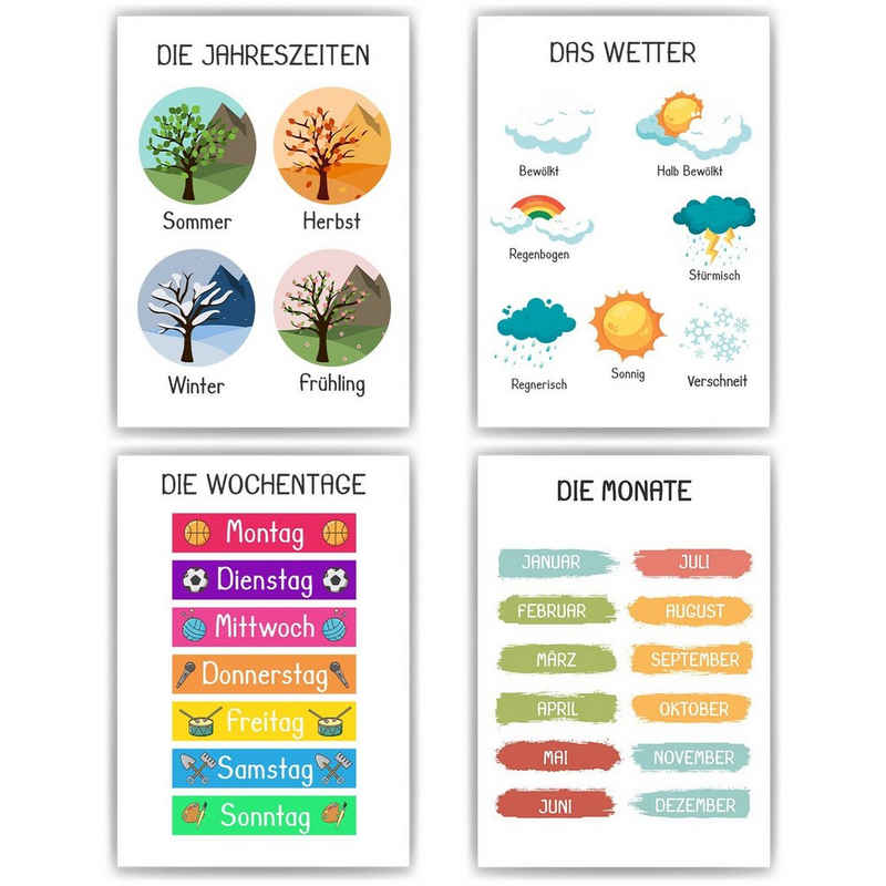 Tigerlino Poster 4er Set Lernposter Jahreszeiten, Wetter, Wochentage & Monate Lernhilfe
