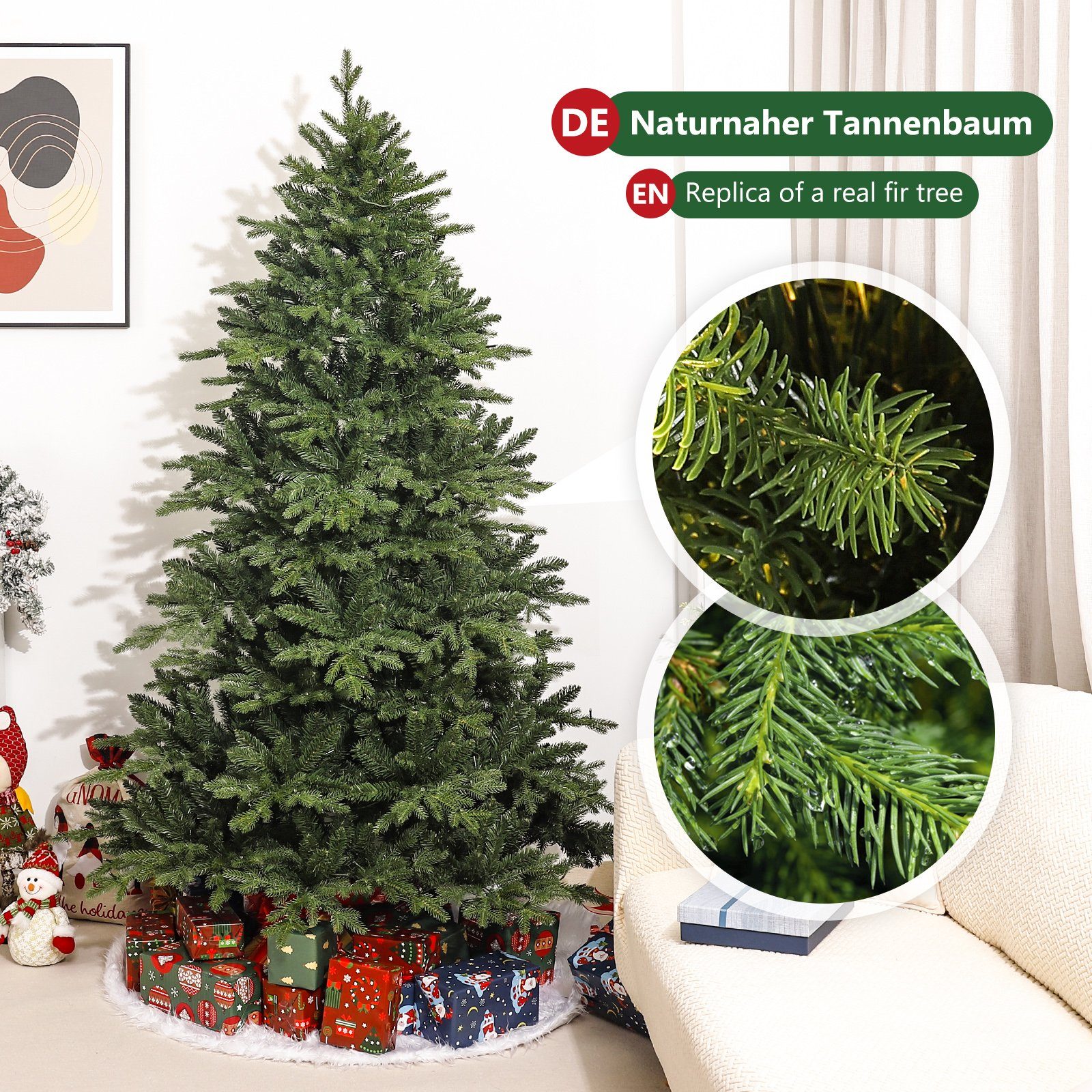 Yorbay Künstlicher Weihnachtsbaum Künstlicher Tannenbaum mit LED Beleuchtung, Weihnachstbaum aus PE, PVC, 150 / 180 / 210 cm auswählbar, mit Holzständer, Nordma – Bild 4 von 5