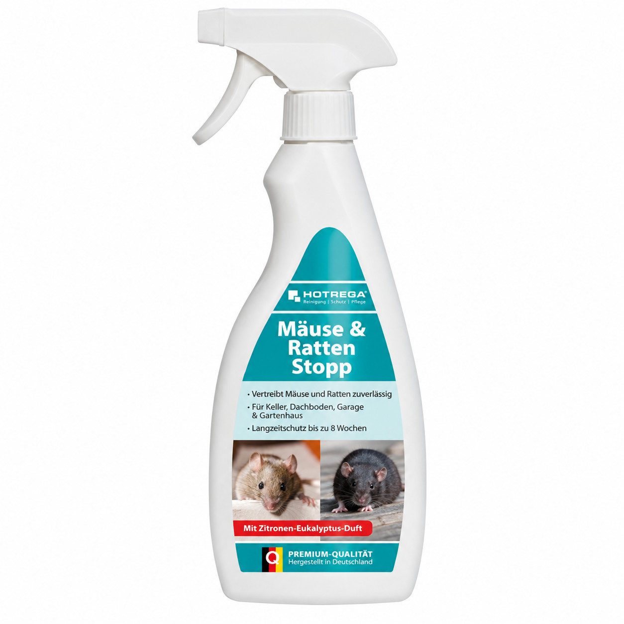 HOTREGA® Tierabwehrspray Mäuse & Ratten Stopp 500 ml bis zu 8 Wochen Schutz, 0,5 l, Zitronen-Eukalyptus-Duft, Geraniol-Repellent für Keller, Dachboden, Garage & Gartenhaus