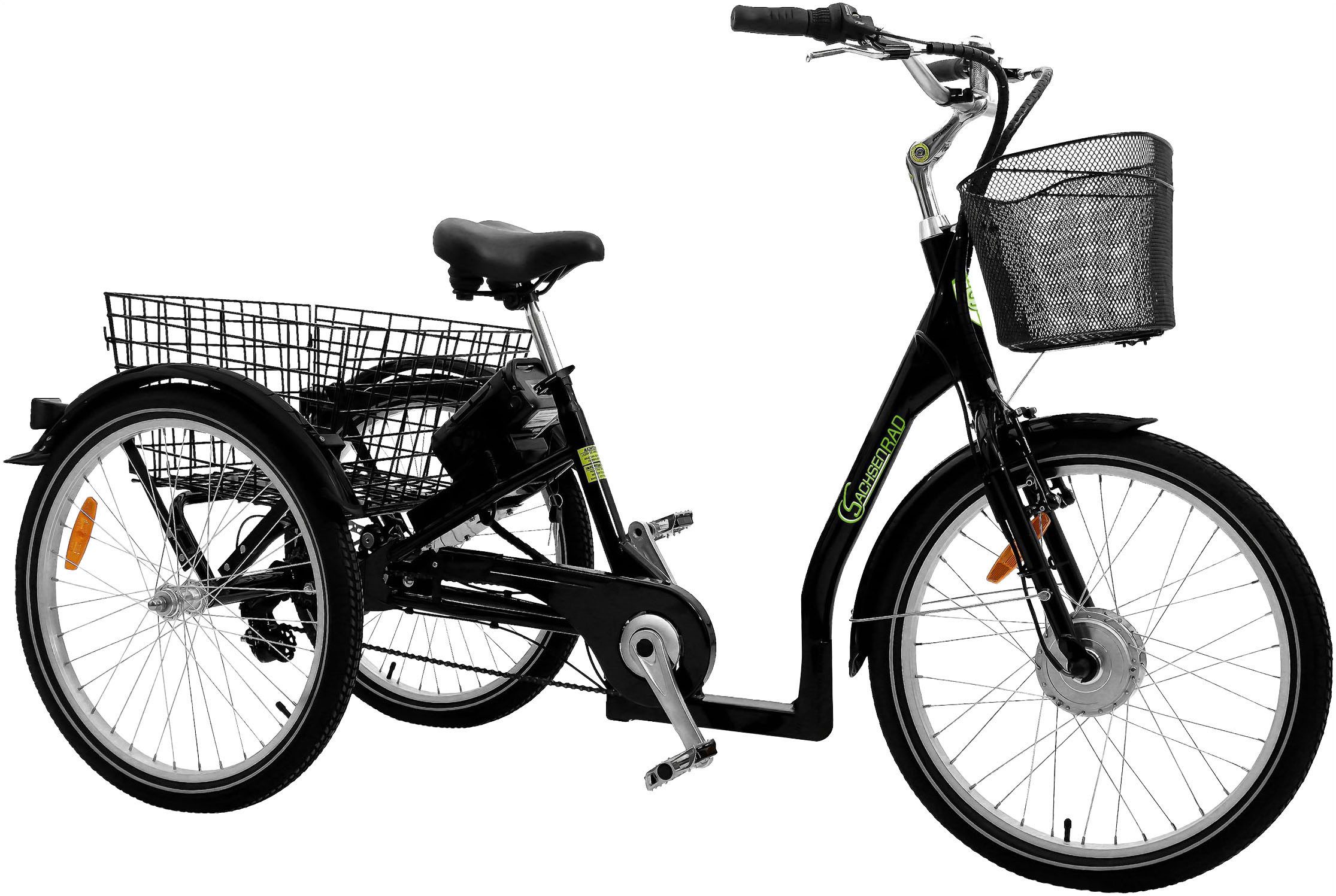 SachsenRad E-Bike Lastenrad T3A, 7 Gang Shimano Shimano 7-Gang-Kettenschaltung Schaltwerk, Kettenschaltung, Frontmotor, 470 Wh, (LED-Frontlicht, Alarmrücklicht mit Bremslicht, Ledersattel, 3-Räder), Lastenkorb, Lenkerkorb, LCD-Steuer- display, Fahrmodus Pedelec