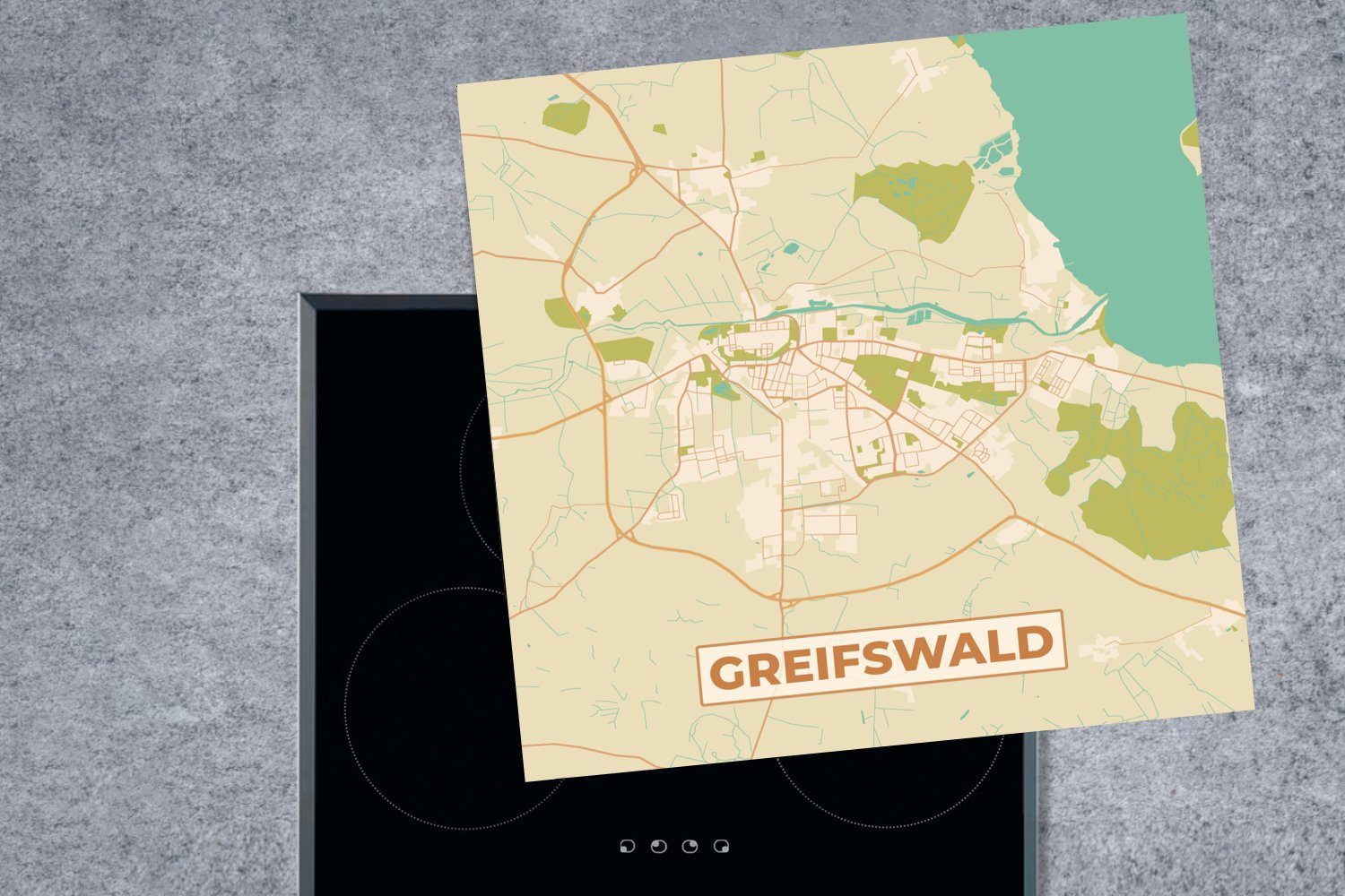MuchoWow Herdblende-/Abdeckplatte Stadtplan cm, Ceranfeldabdeckung, - Vinyl, Vintage Arbeitsplatte für - Stadtplan, Greifswald küche (1 - tlg), 78x78