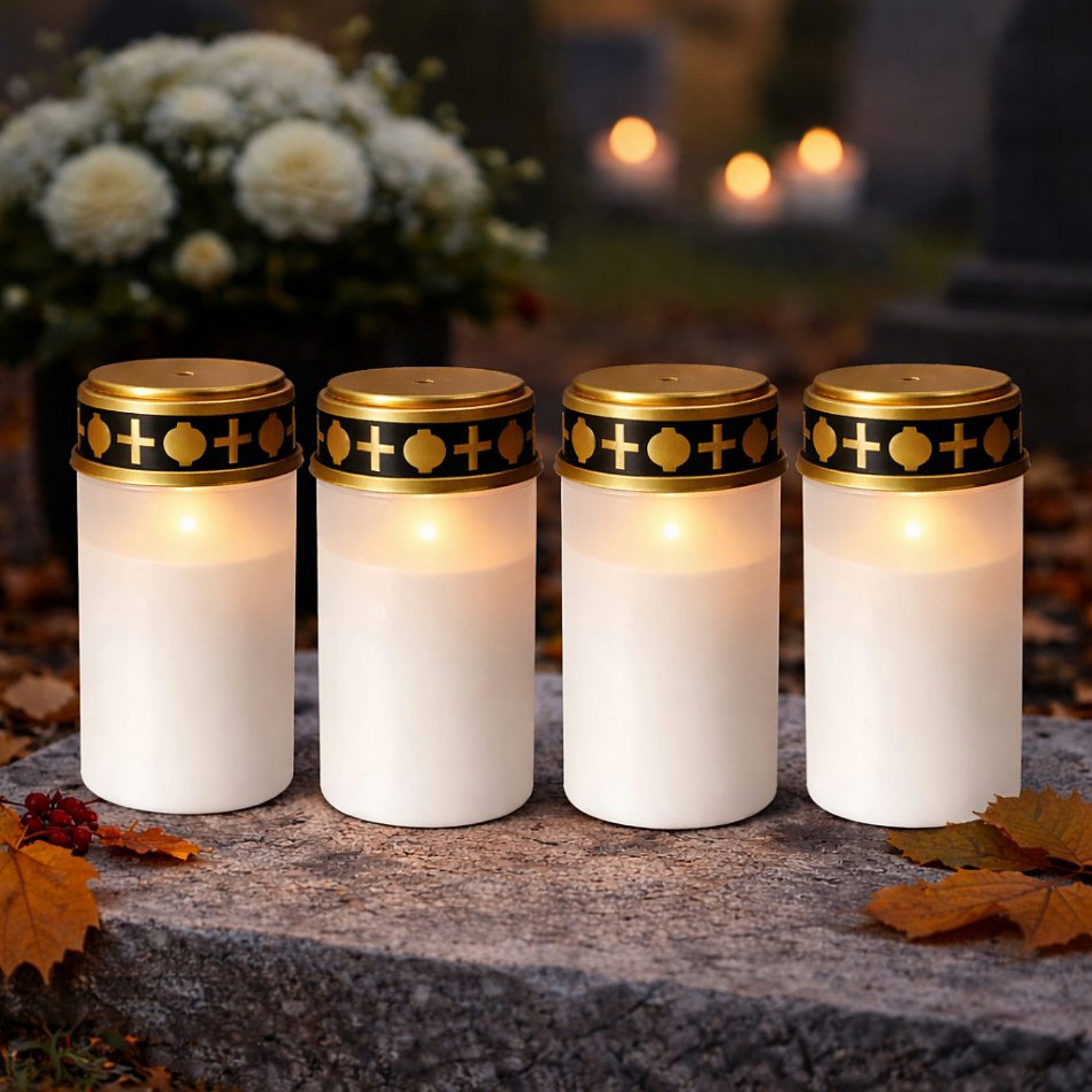 Koopman Grabkerze LED Grabkerze Grableuchte Licht Kerze 12cm Weiß 4er (4-tlg), Ø6,5cm, abnehmbarer Deckel, matte Oberfläche, flackernd