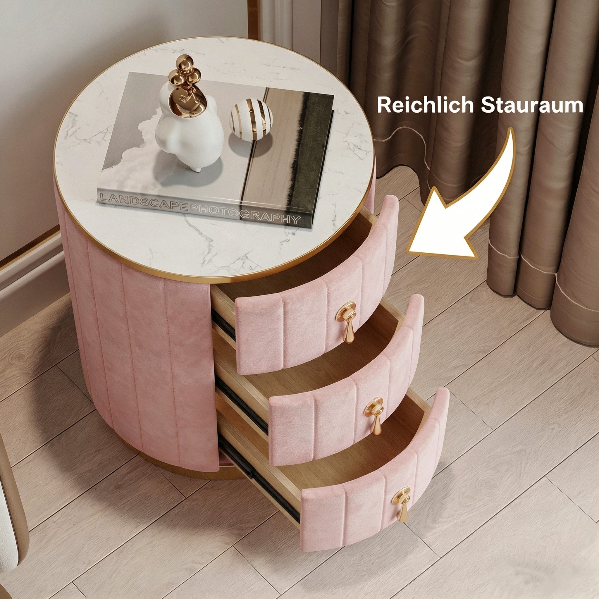 i@home Nachttisch rund 3 Schubladen (Samt gepolstert, Goldgriffe, 1-St., Platte in Marmoroptik), Betttisch mit Stauraum für Schlafzimmer,Breite: 40 cm – Bild 3 von 5