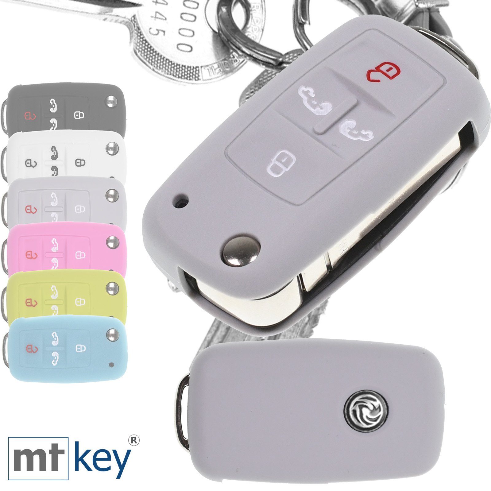 mt-key Schlüsseltasche Autoschlüssel Softcase Silikon Schutzhülle im Wabe Design Grau, für VW Multivan Sharan T5 T6 Caddy Seat Alhambra 4 Tasten Schlüssel