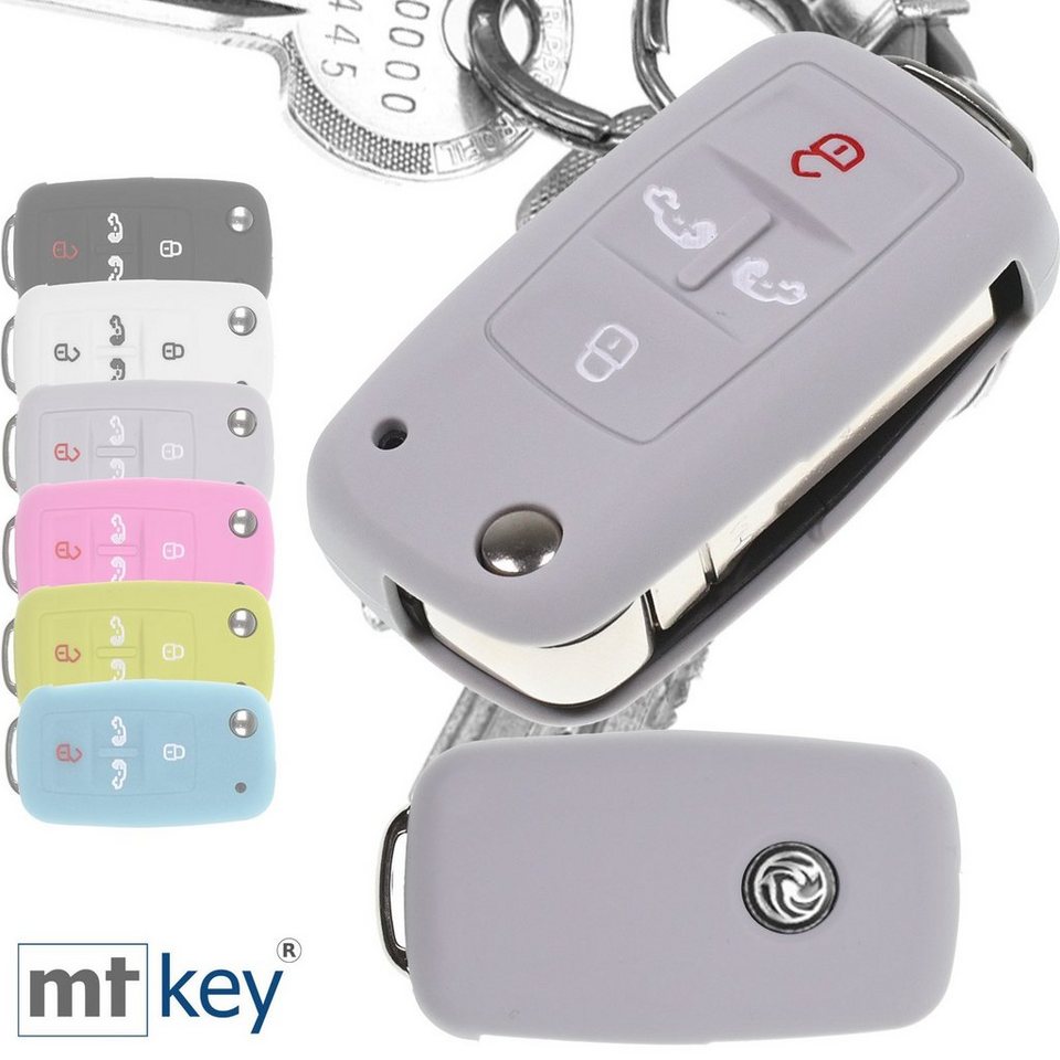 mt-key Schlüsseltasche Autoschlüssel Softcase Silikon Schutzhülle im Wabe  Design Grau, für VW Multivan Sharan T5 T6 Caddy Seat Alhambra 4 Tasten  Schlüssel