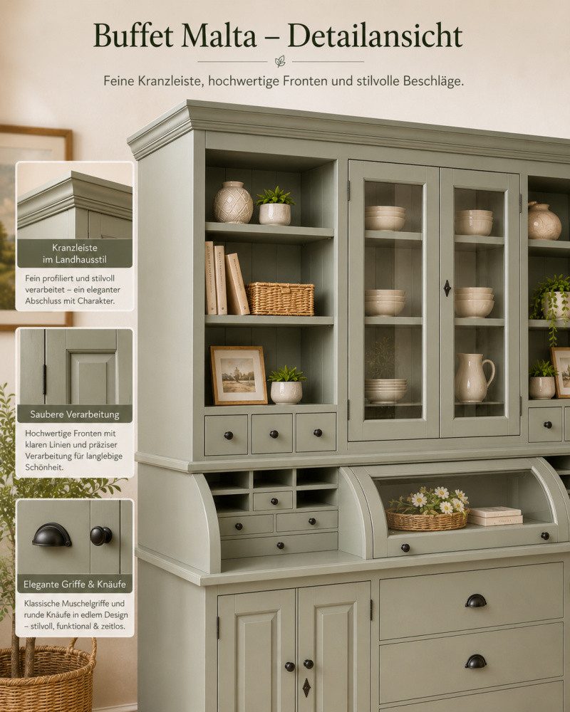 Wohnpalast Buffet Landhaus Buffet Schrank Malta Ladenschrank Zementgrau 200 cm