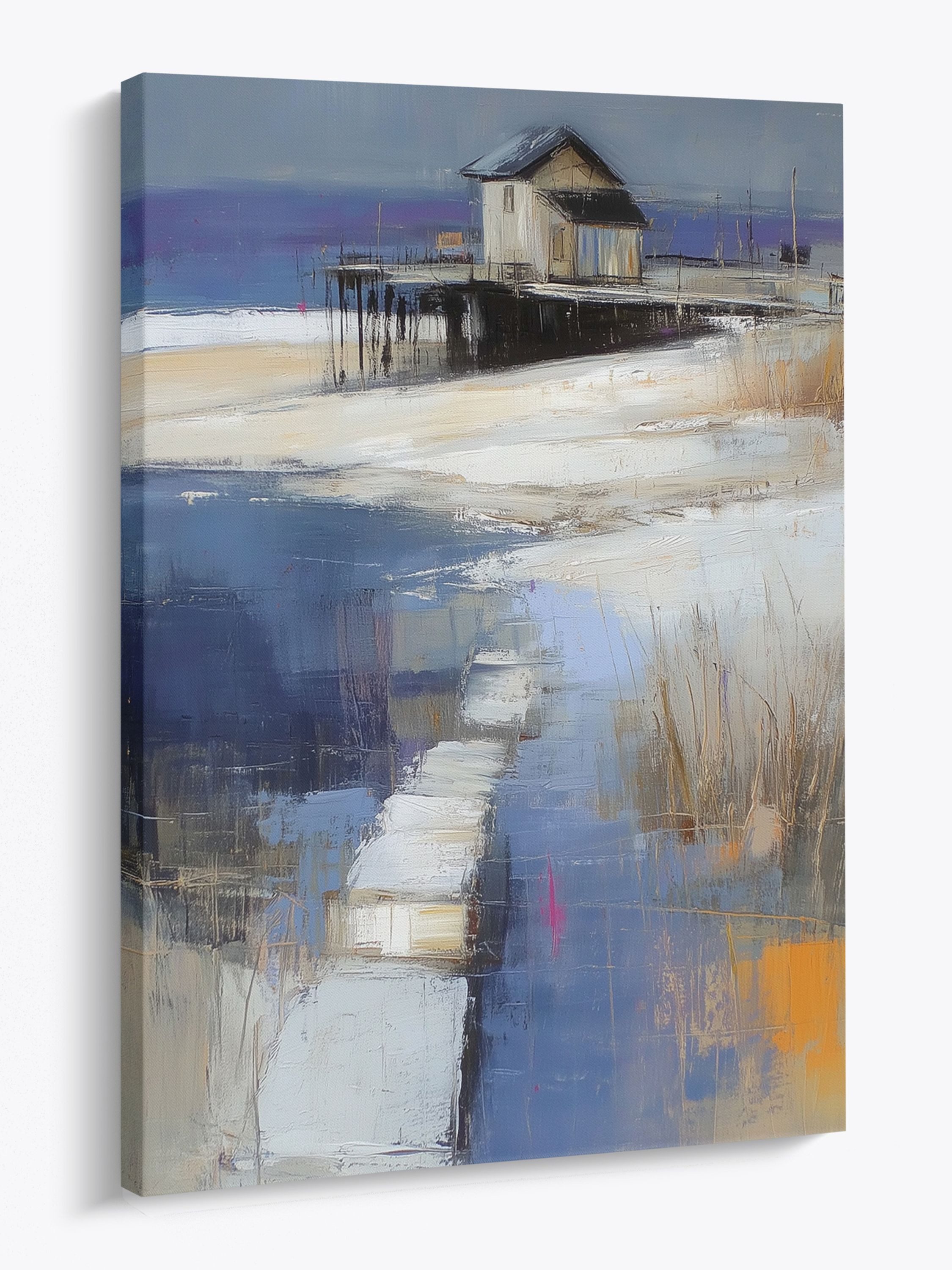 artissimo Leinwandbild Bild auf Leinwand 50x70 cm Wandbild - maritime Kunst blau, moderne Landschaft: Haus am Meer