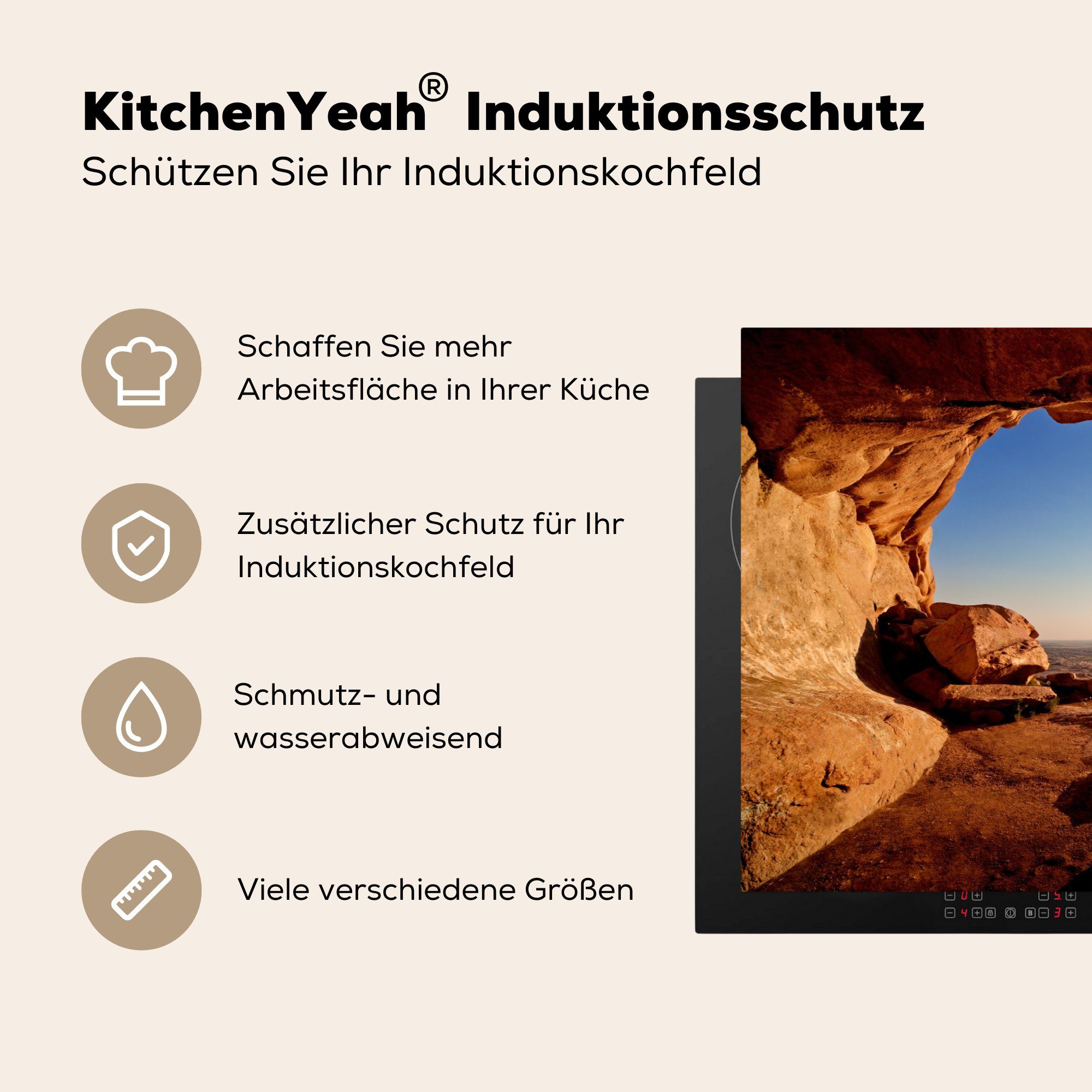 Höhle Arbeitsplatte MuchoWow Ceranfeldabdeckung, Vinyl, Wüste tlg), für küche cm, (1 - Herdblende-/Abdeckplatte Sonne 81x52 Landschaft, - -