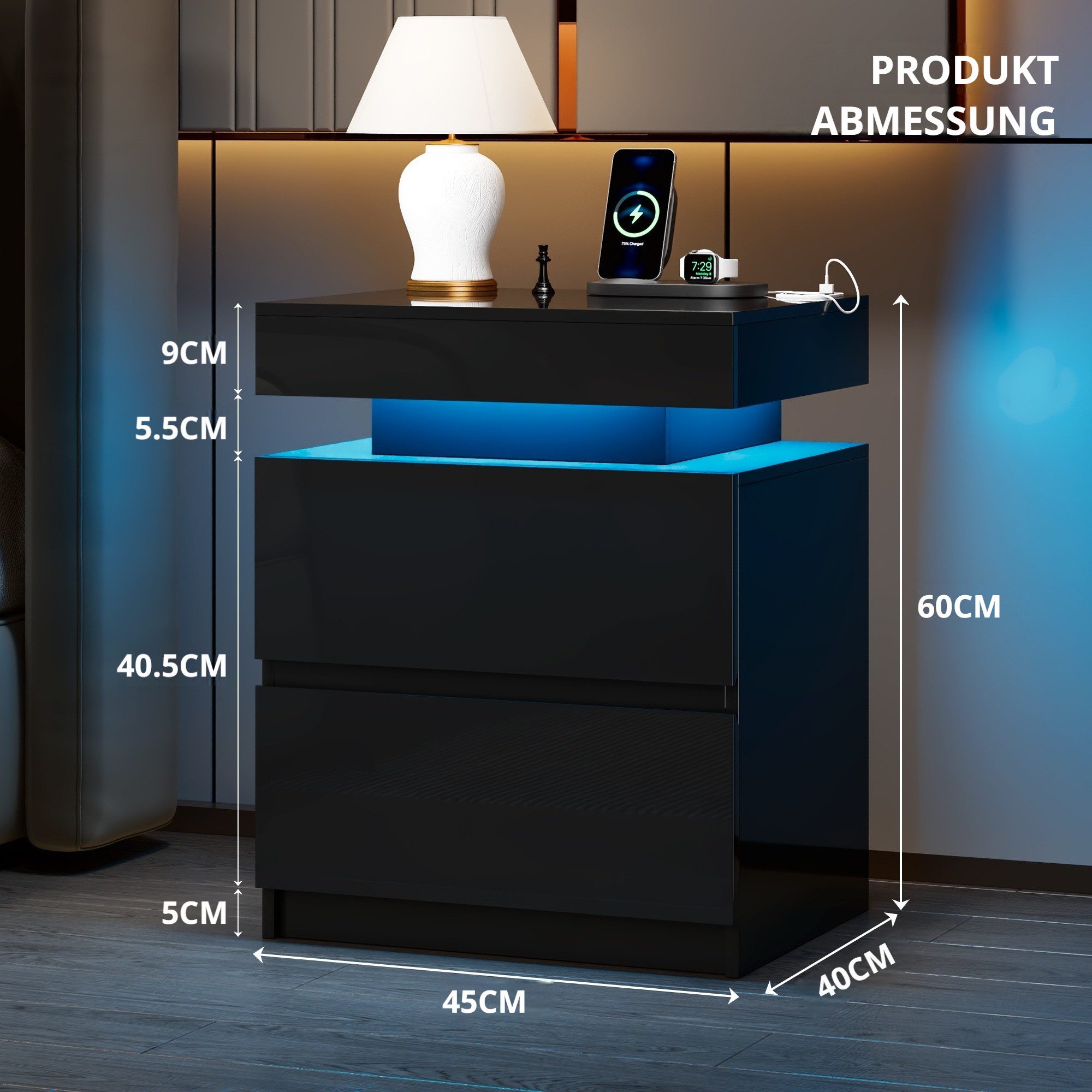 LVSOMT Nachttisch Moderner LED Nachttische mit Geheimfach, Ladefunktion, Sensorlicht (1-St), mit USB-C Laden, Smart LED Lichtfarben – Bild 4 von 5