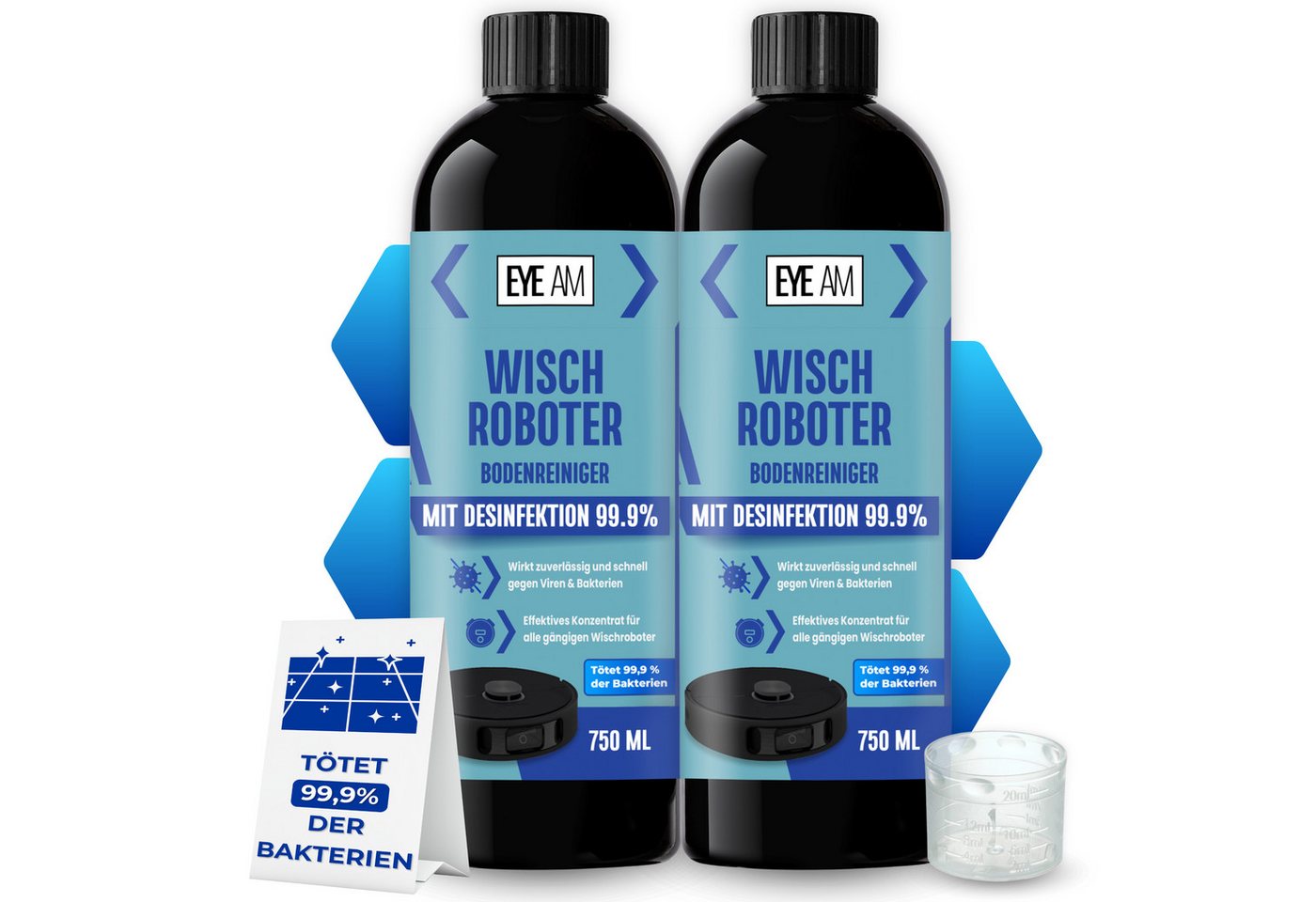 EyeAm Bodenreiniger, Mit Desinfektion 99,9%, Für alle Wischroboter, Fussbodenreiniger (2-St. inkl. Messbecher)